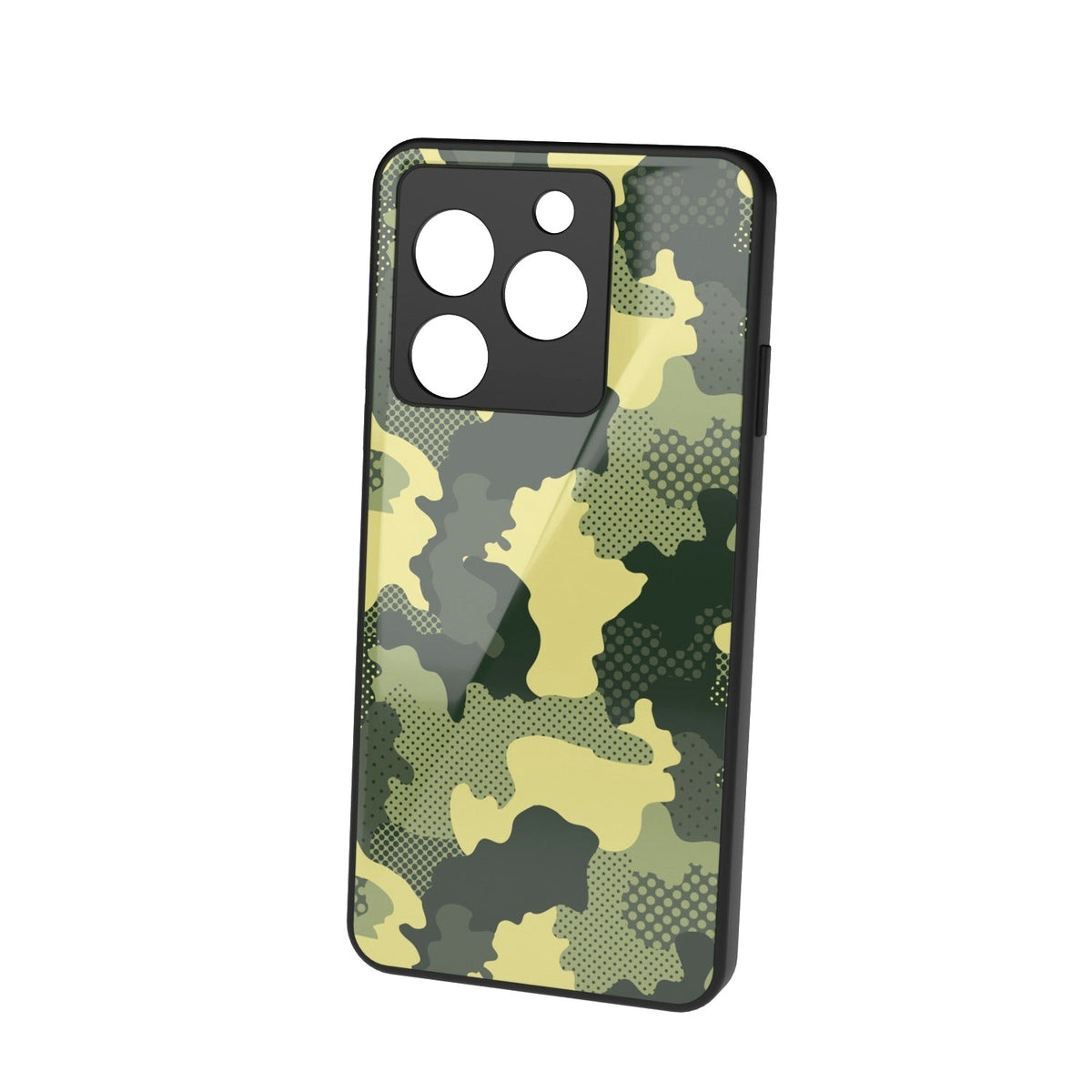 Military Green Camo printed metal phone case - floating back view