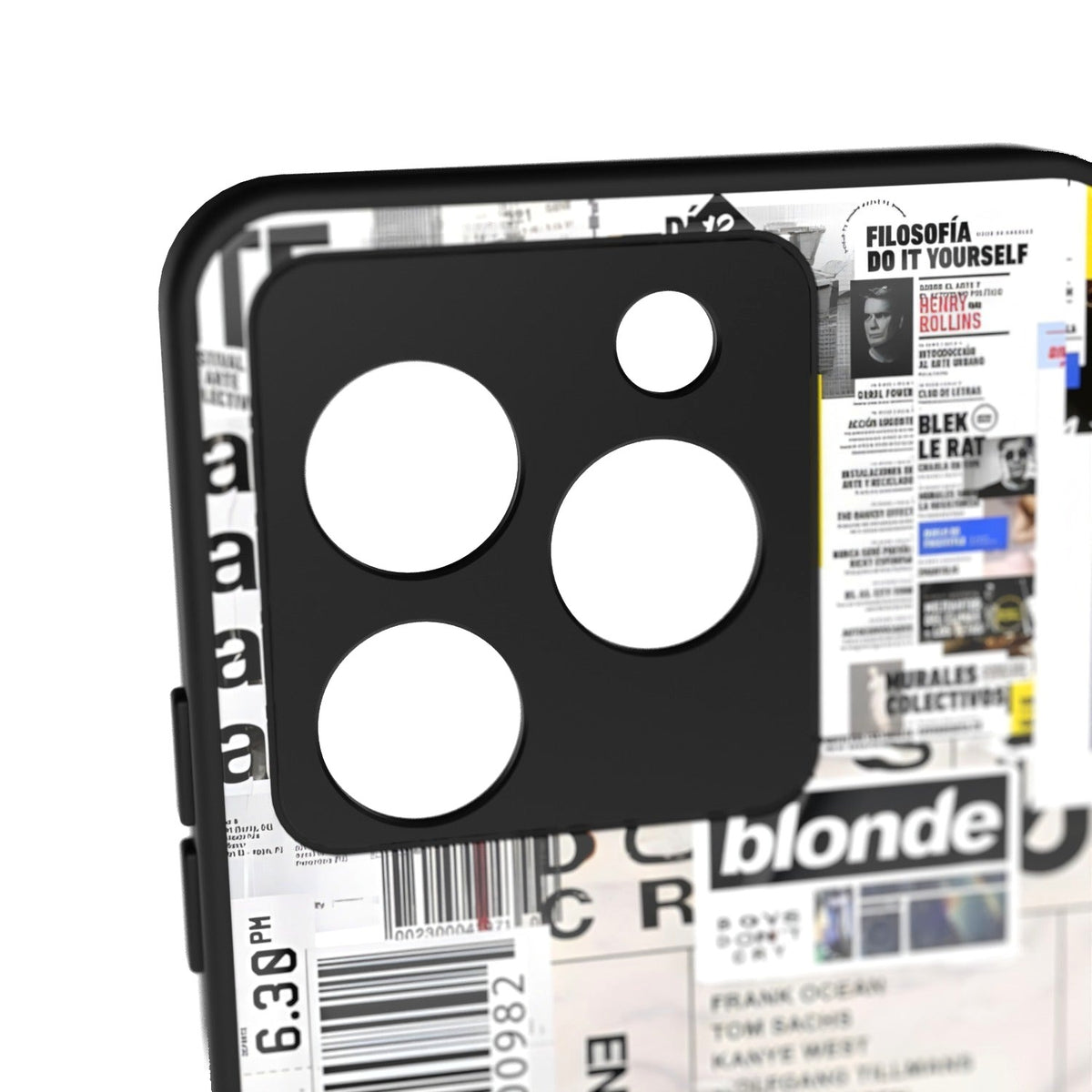 Blonde printed metal phone case - camera close-up