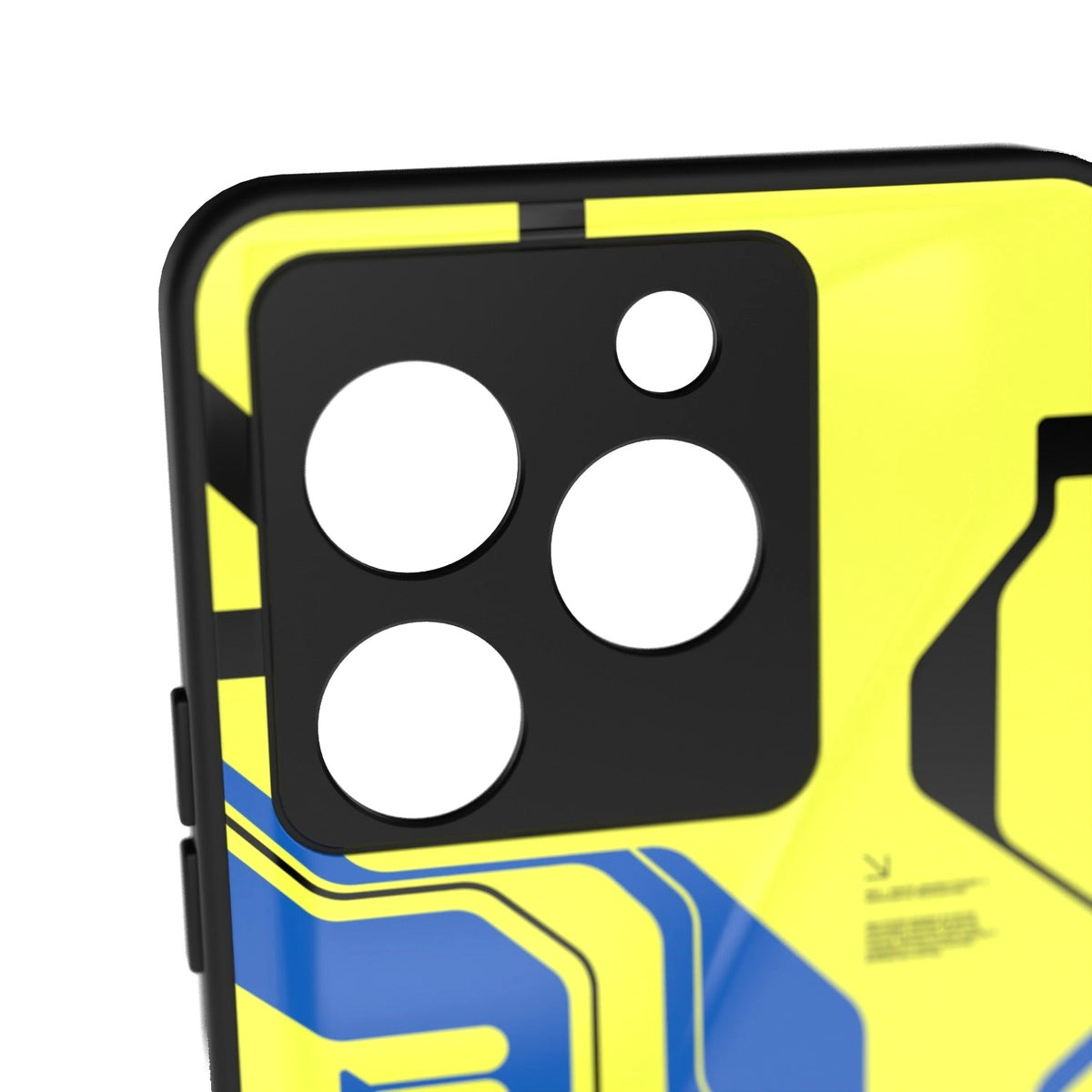 Cyber Yellow printed metal phone case - camera close-up