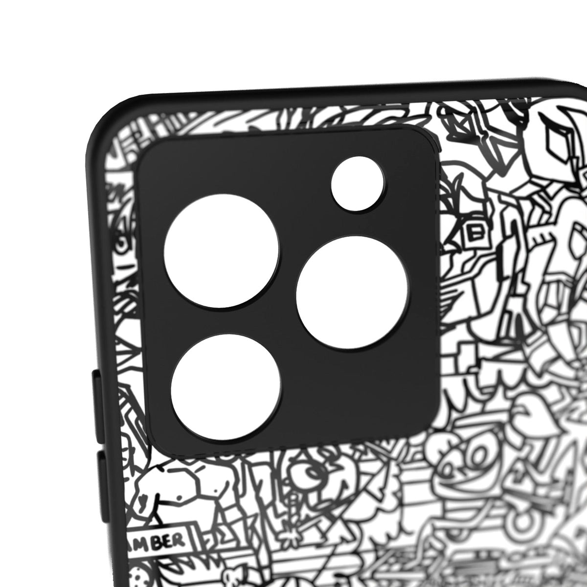 Classic Doodle printed metal phone case - camera close-up