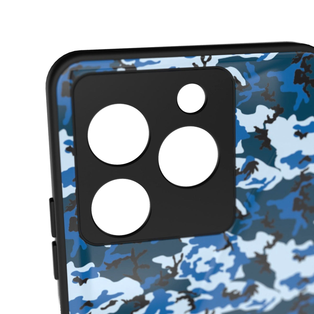 Digi Blue Camo printed metal phone case - camera close-up