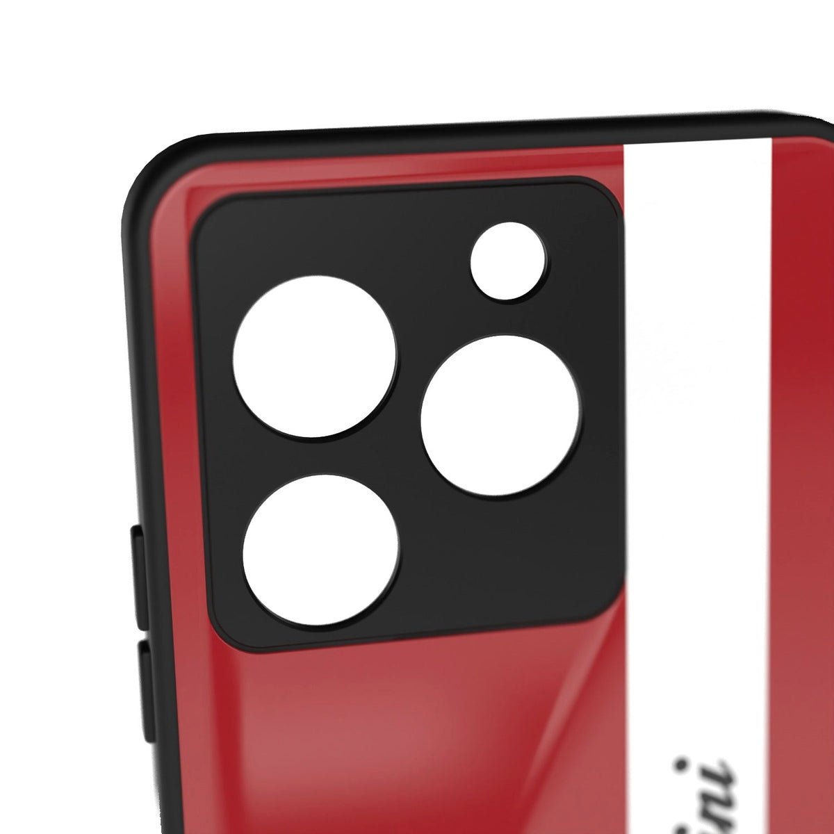 Ruby Racer printed metal phone case - camera close-up