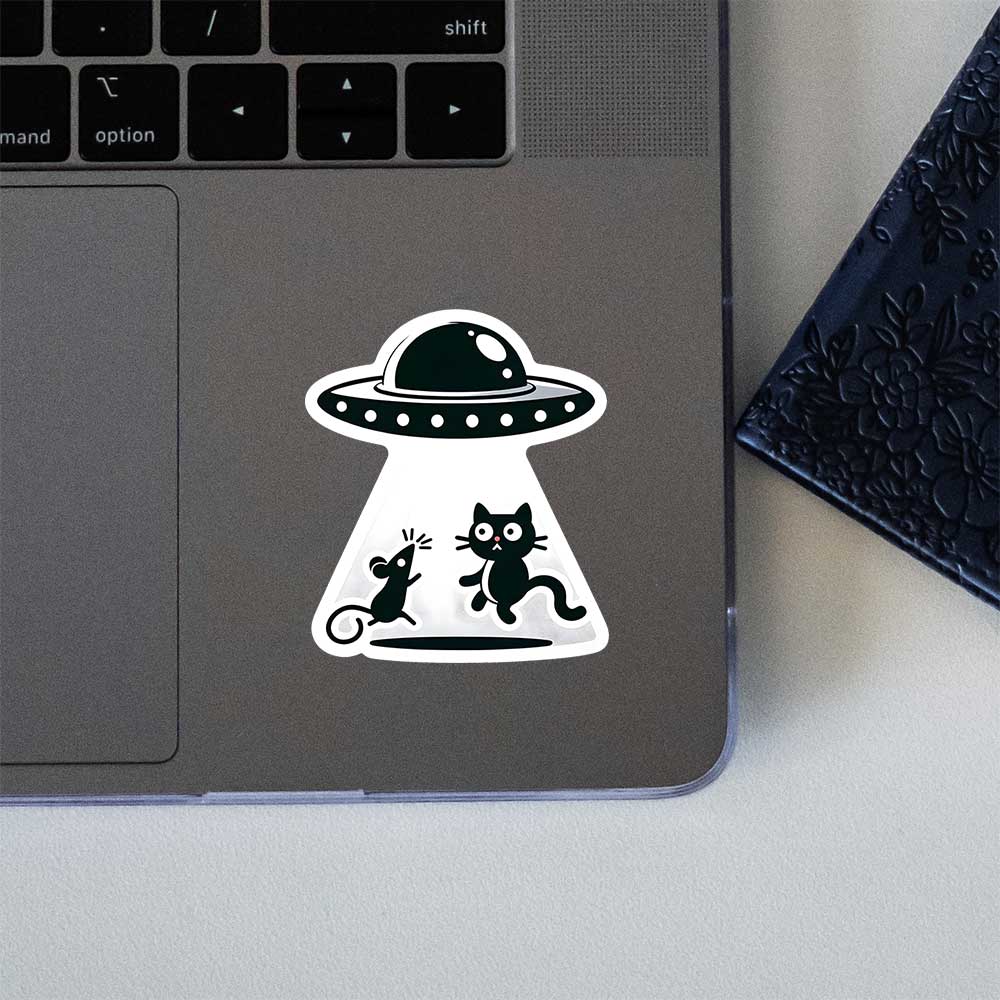 Ufo Abducting Cat And Mouse Sticker