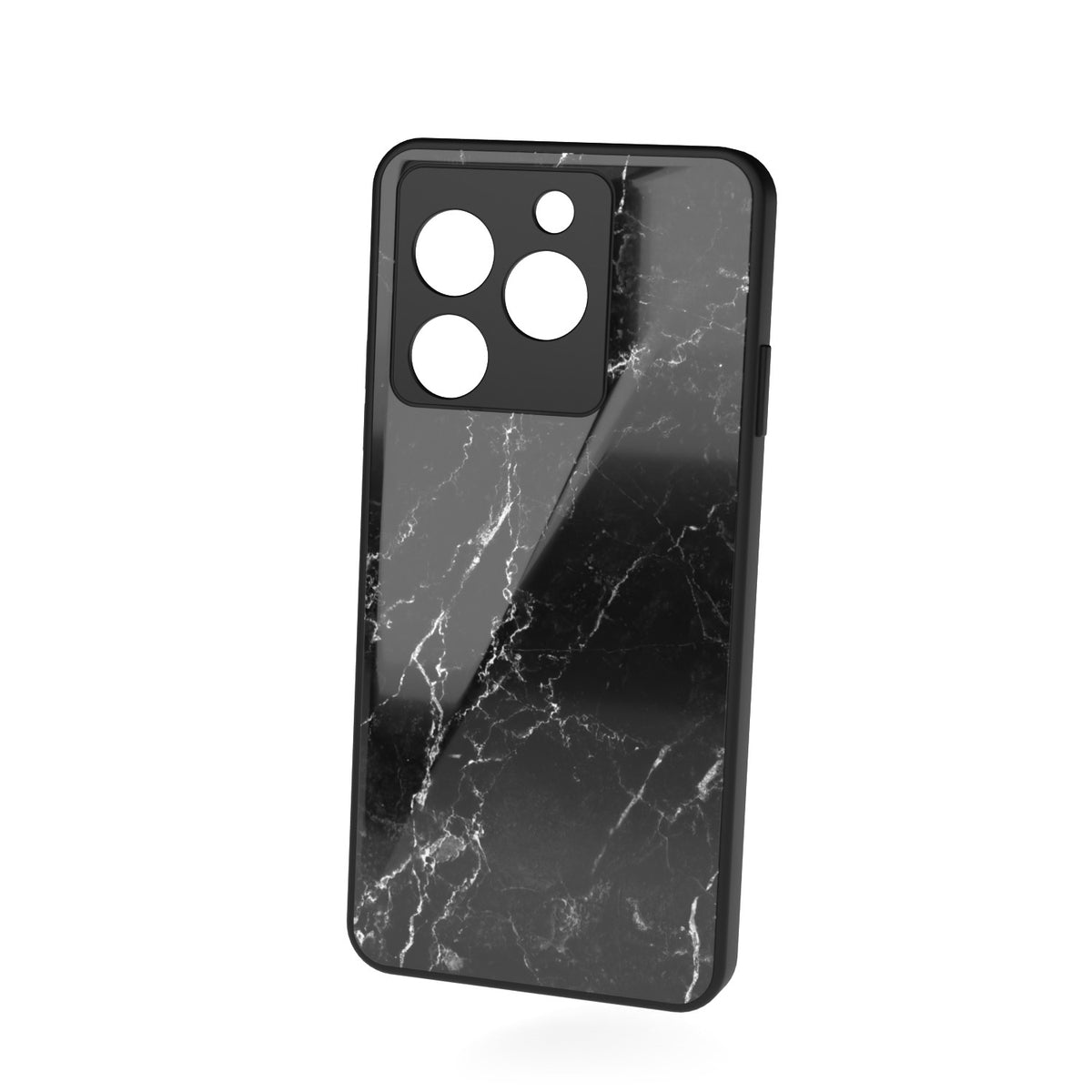Black Marble printed metal phone case - floating back view