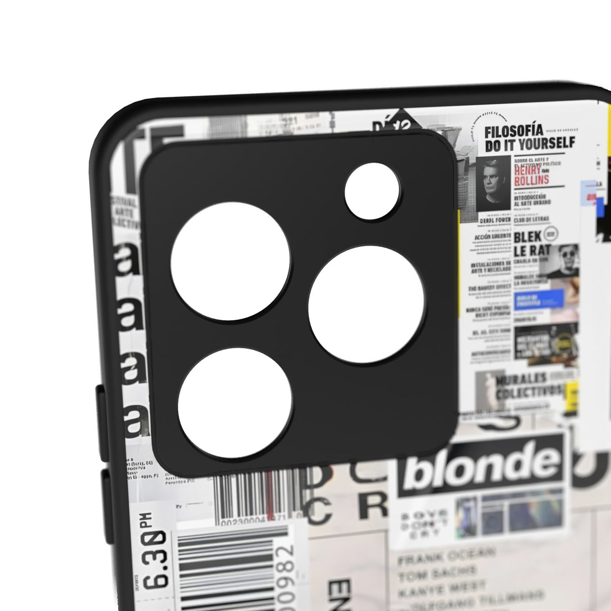 Blonde printed metal phone case - camera close-up