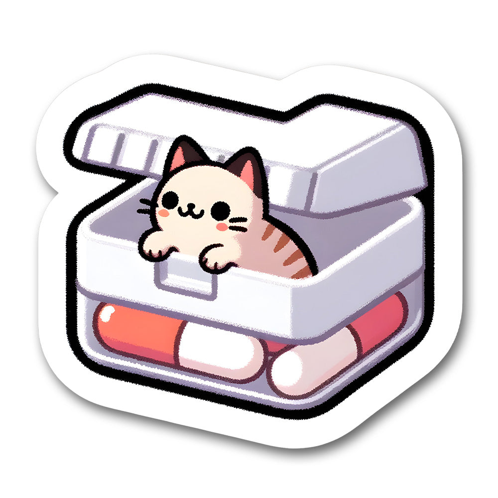 Cat In Pill Box Kawaii Sticker