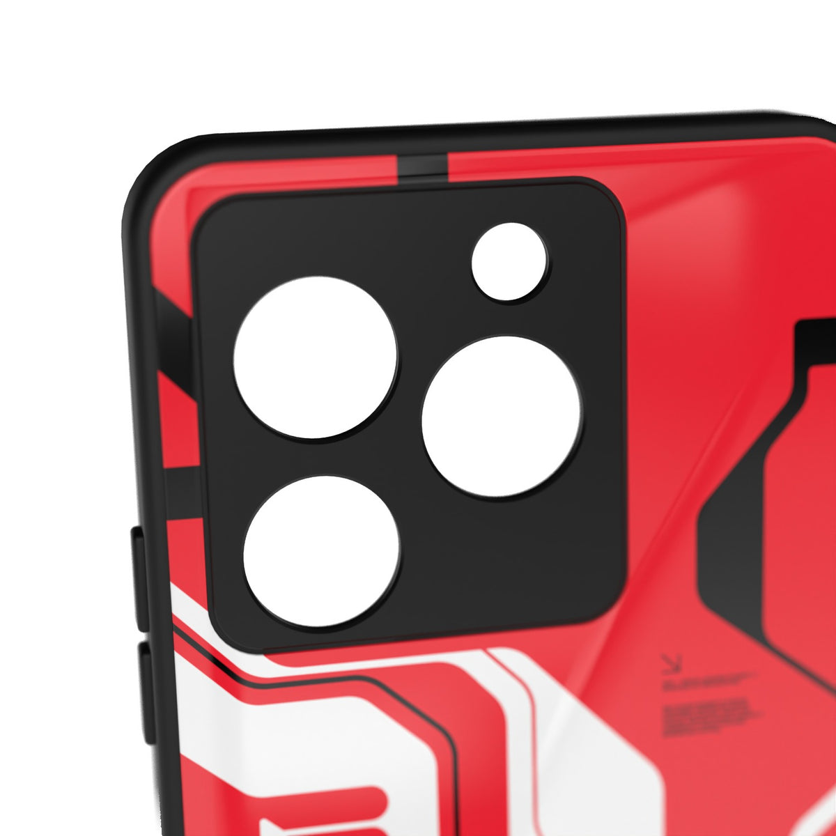 Cyber Red printed metal phone case - camera close-up