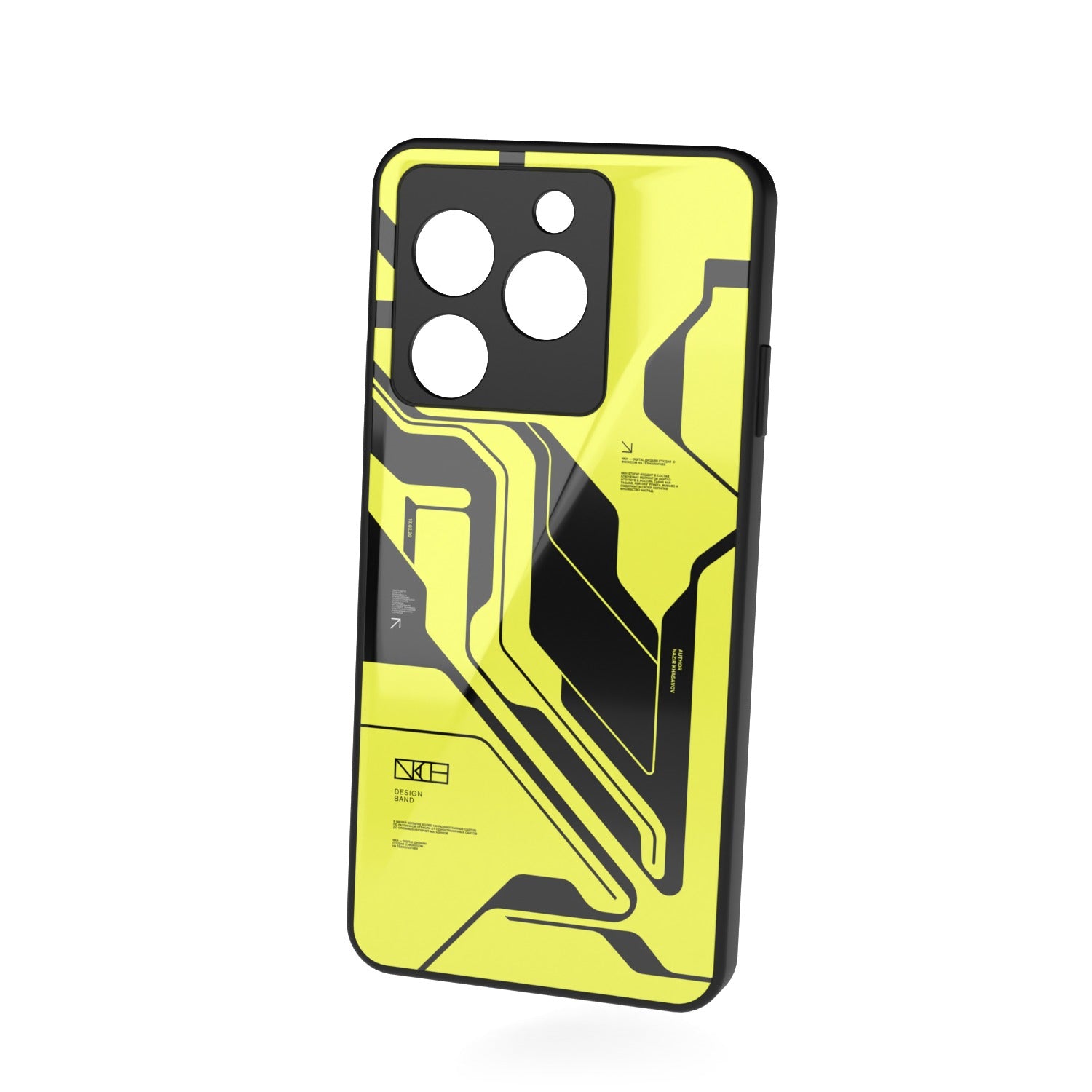 Cyber Yellow & Black printed metal phone case - floating back view