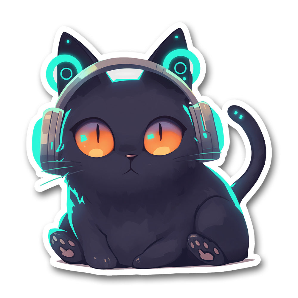 Cyberpunk Black Cat Headphones Sticker