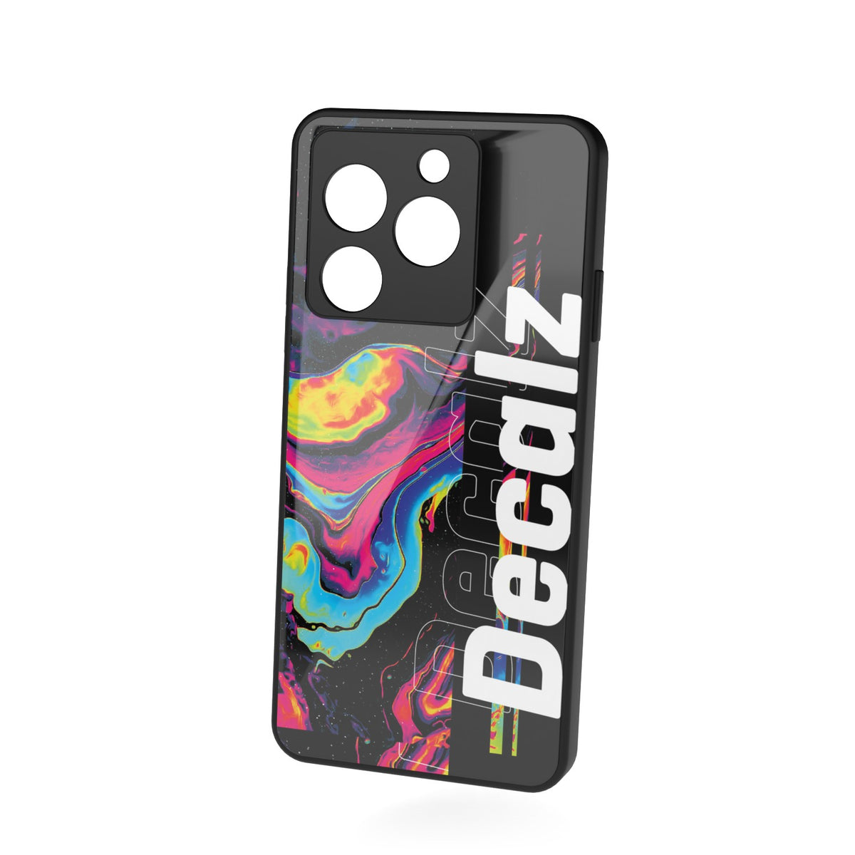 Decalz printed metal phone case - floating back view