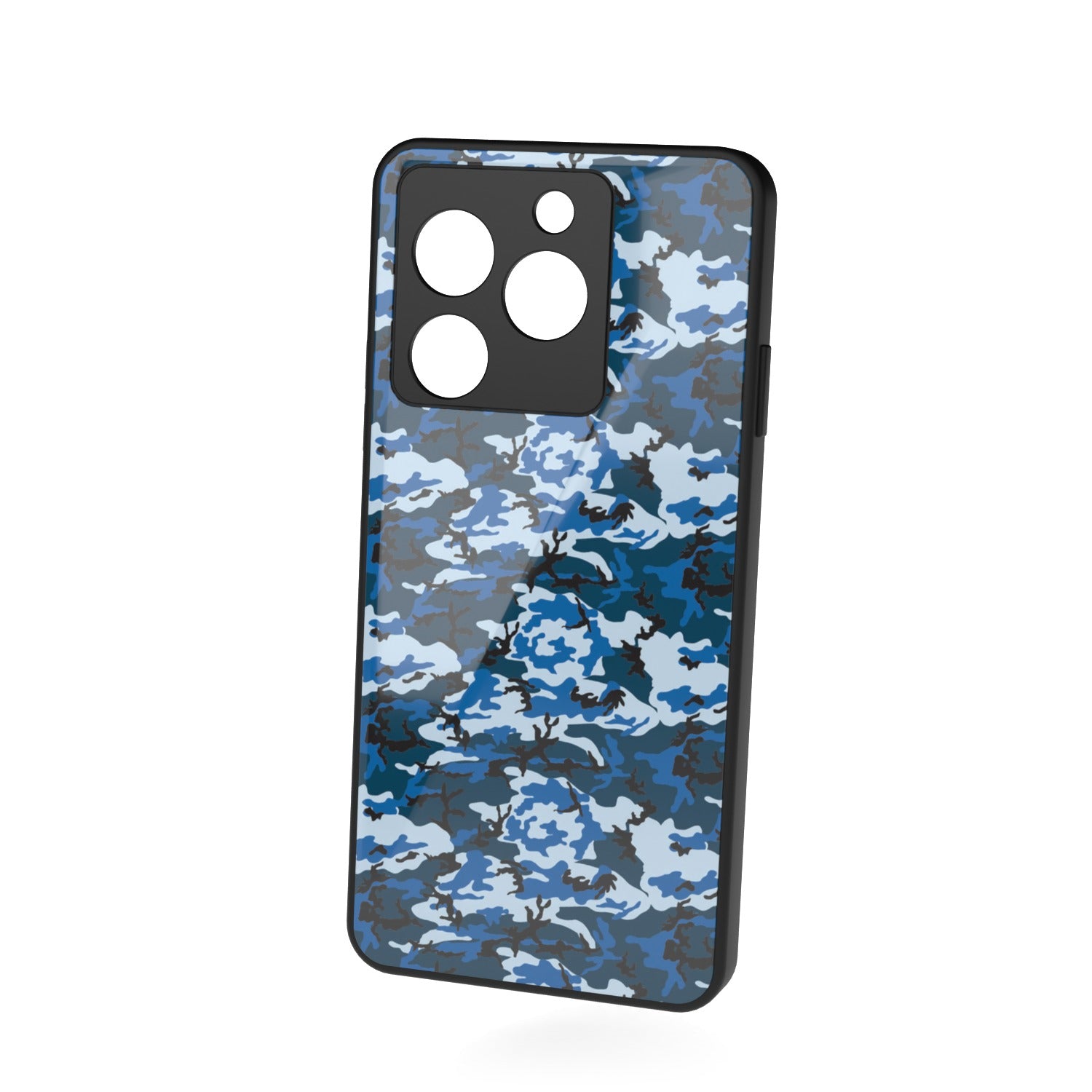 Digi Blue Camo printed metal phone case - floating back view