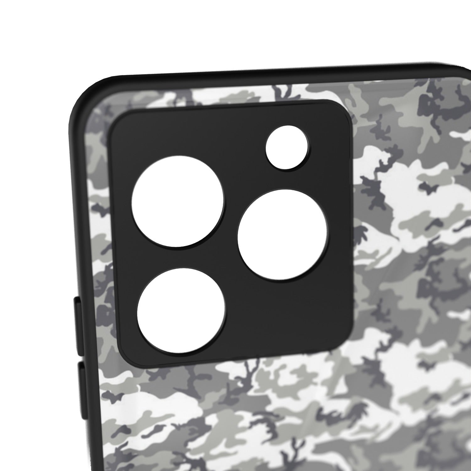 Ghost Camo printed metal phone case - camera close-up