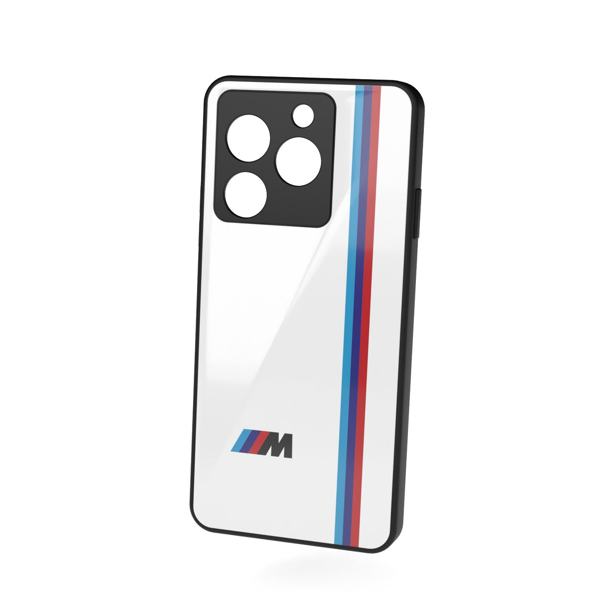 M Sport white printed metal phone case - floating back view