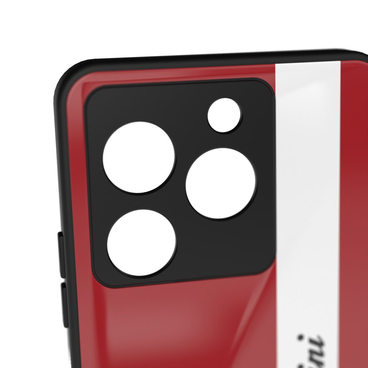 Ruby Racer printed metal phone case - camera close-up