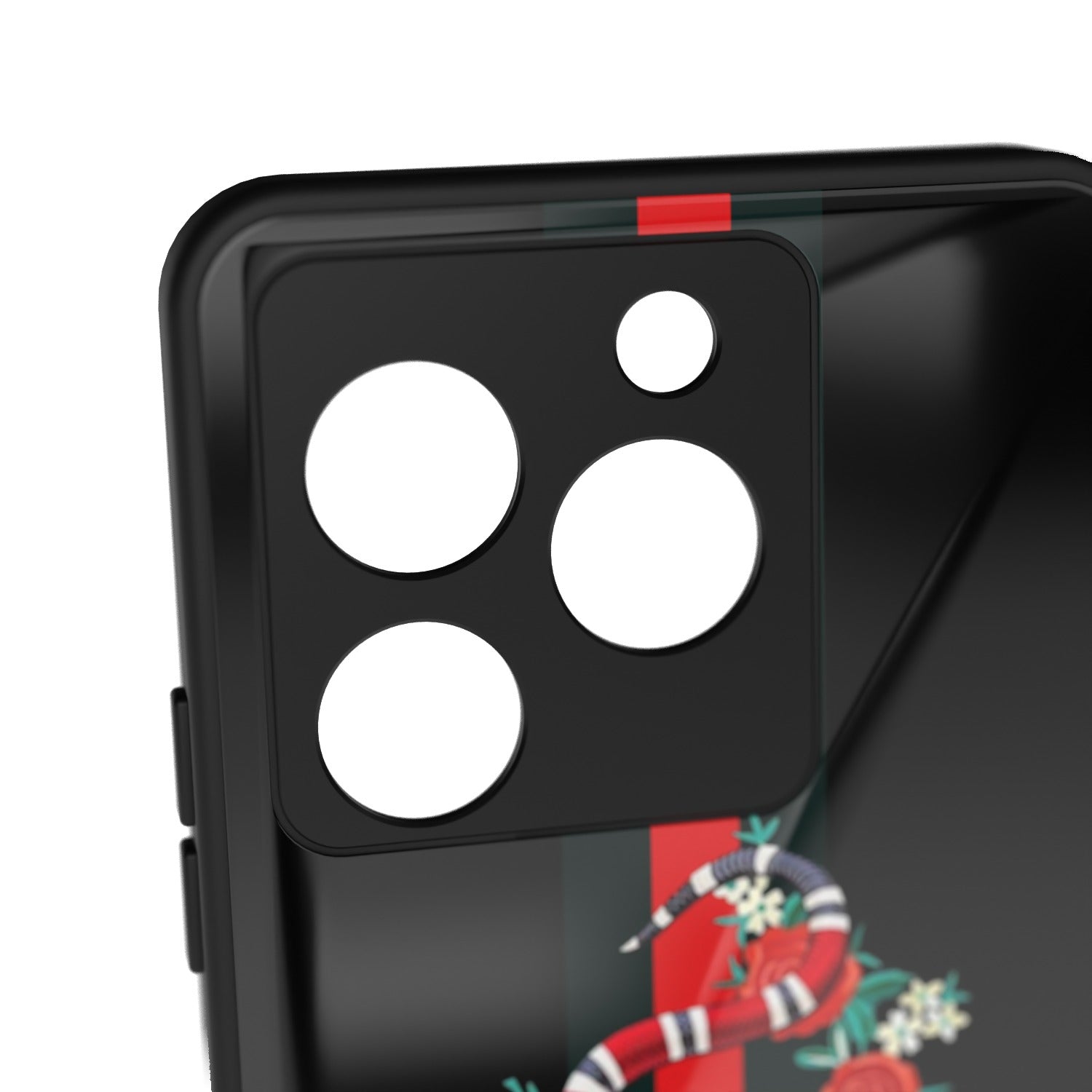 Serpent printed metal phone case - camera close-up
