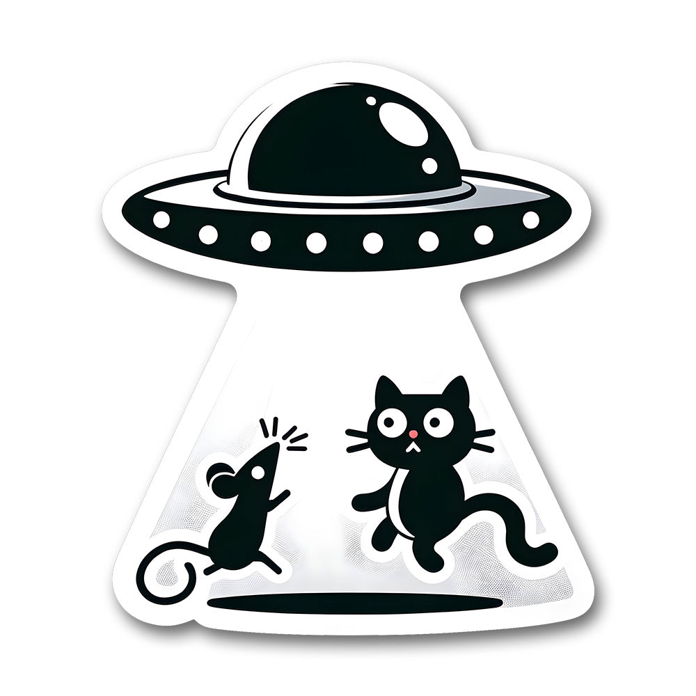 Ufo Abducting Cat And Mouse Sticker