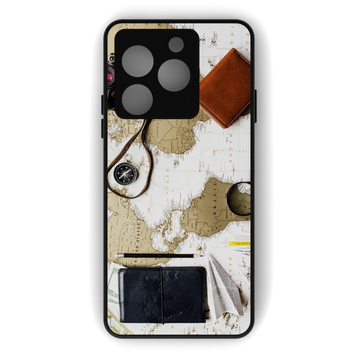 Wanderlust printed metal phone case - flat back view
