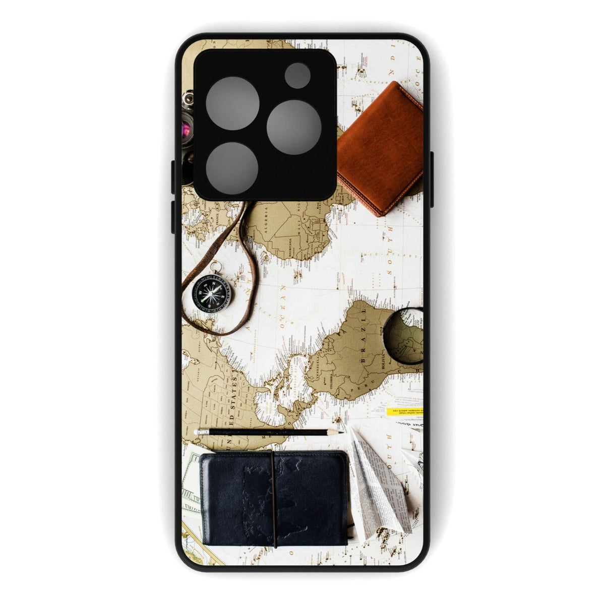 Wanderlust printed metal phone case - flat back view