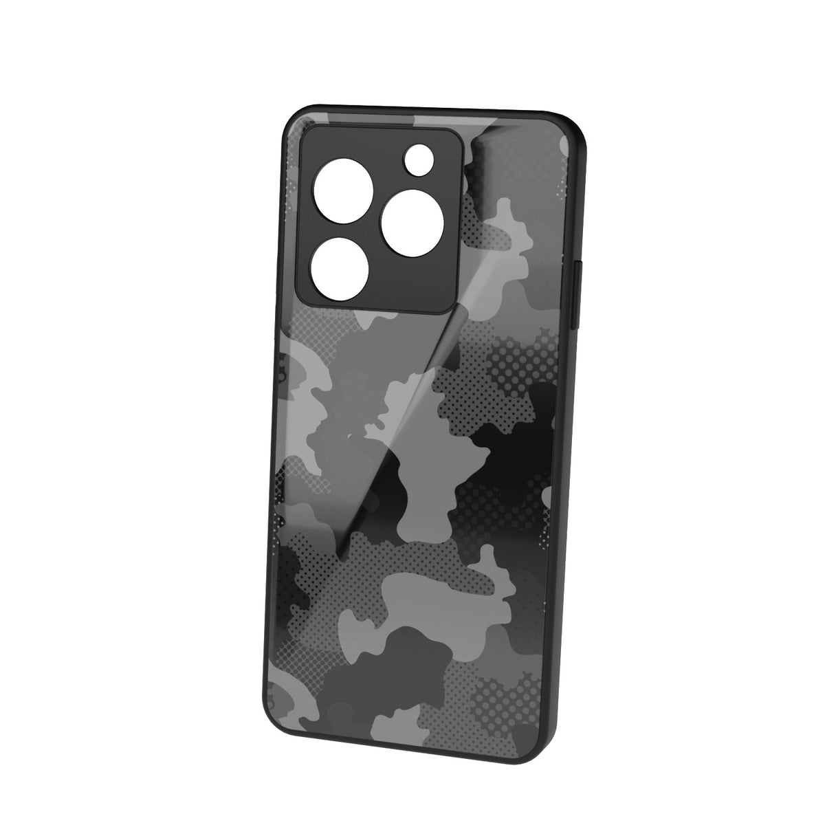 Military Black Camo printed metal phone case - floating back view