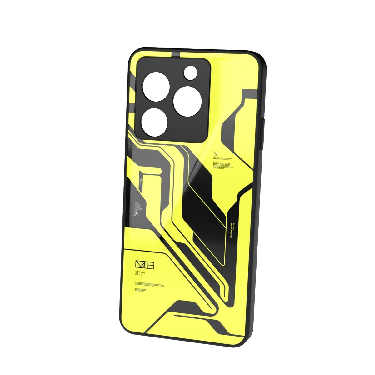 Cyber Yellow & Black printed metal phone case - floating back view