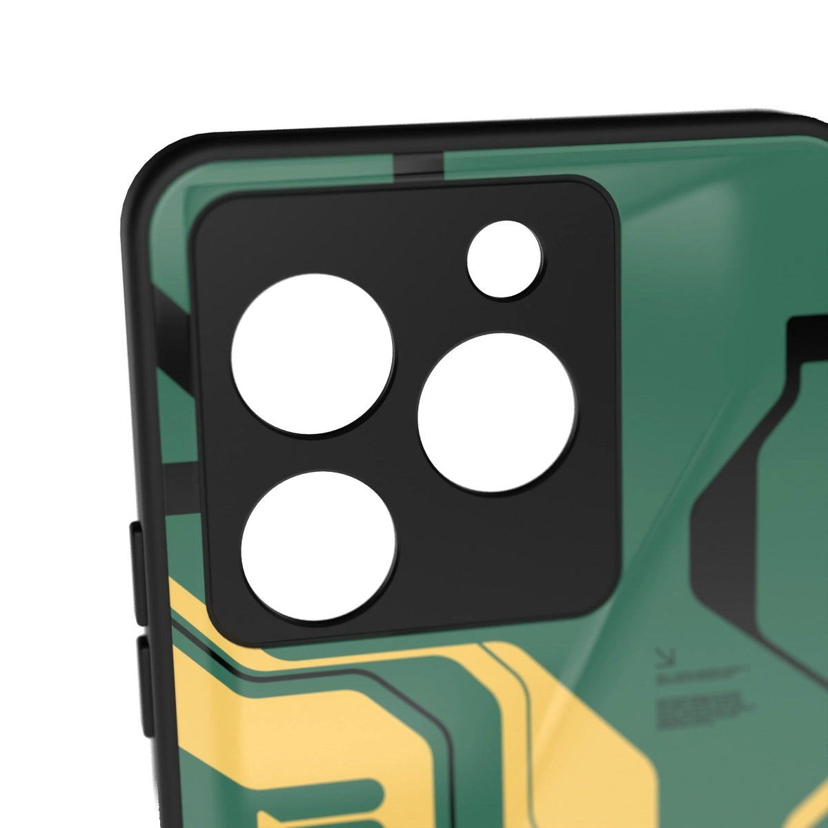 Curcuit Green printed metal phone case - camera close-up
