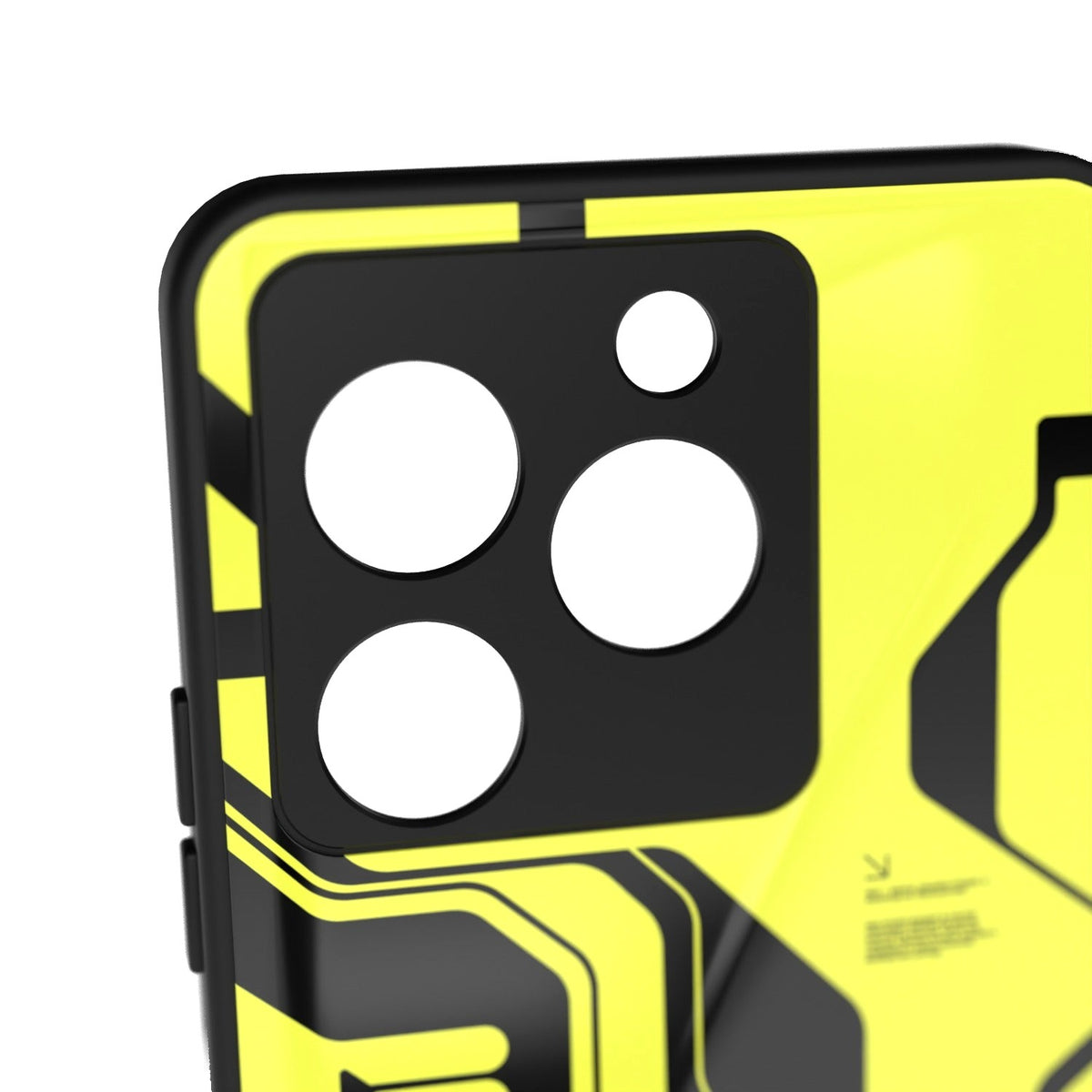 Cyber Yellow & Black printed metal phone case - camera close-up
