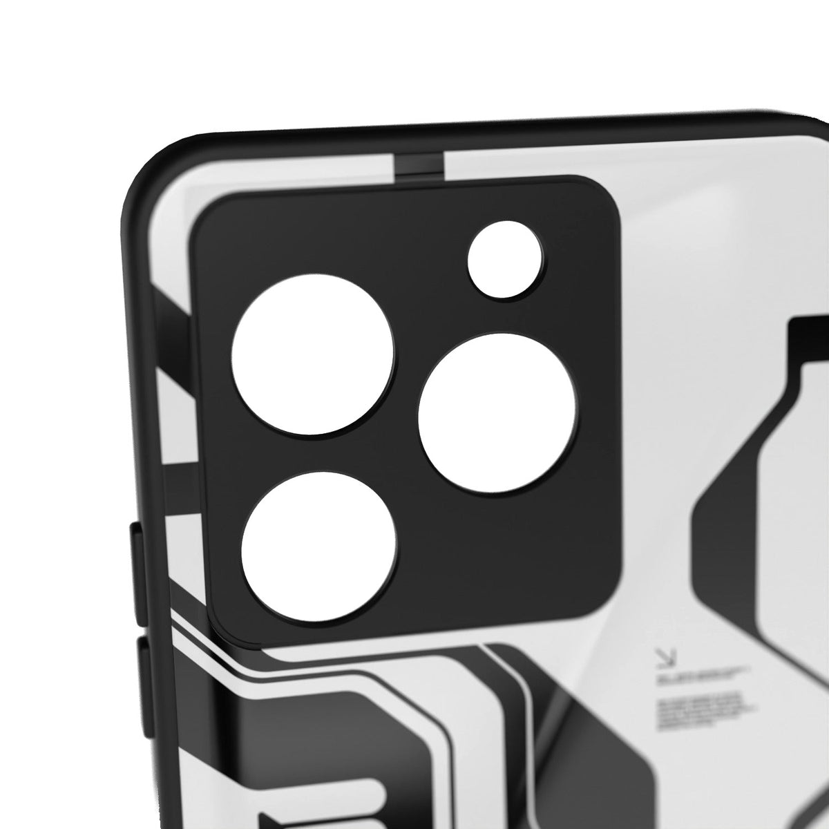 White Cyberpunk printed metal phone case - camera close-up