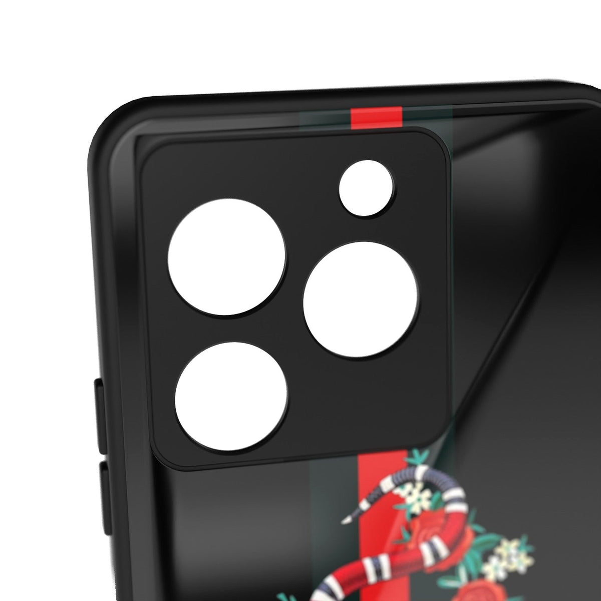 Serpent printed metal phone case - camera close-up