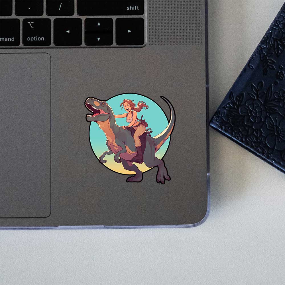 Lara Croft Riding Dinosaur Cartoon Sticker