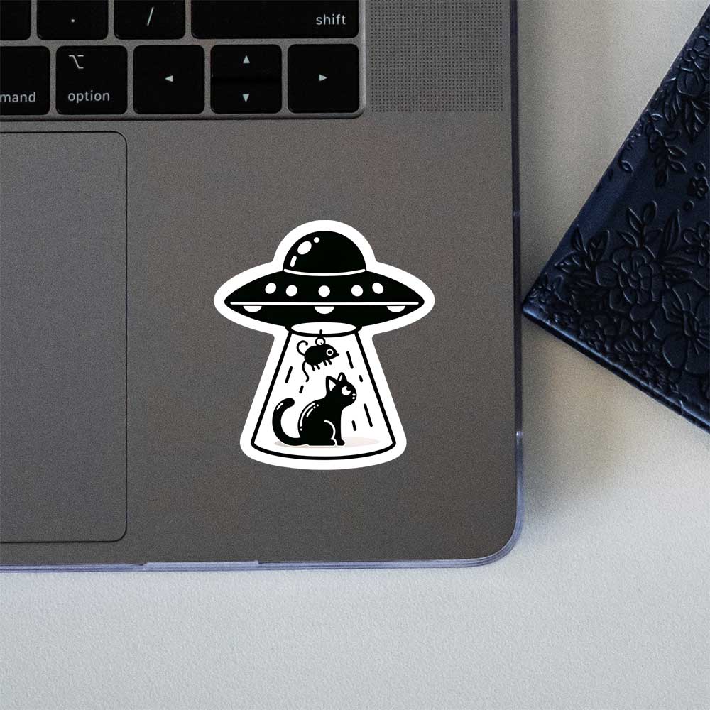 Ufo Abducting Cat Mouse Blackwhite Sticker