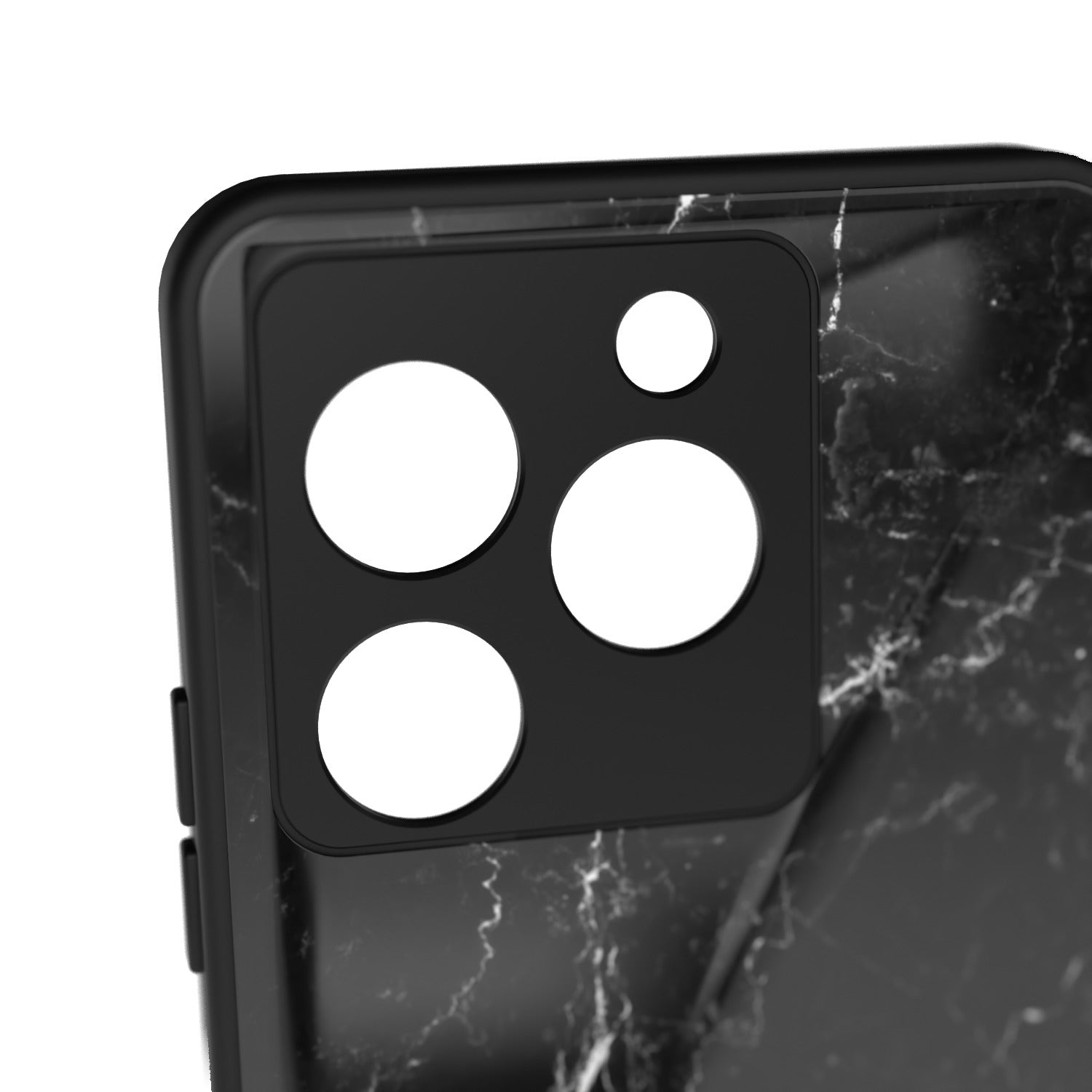 Black Marble printed metal phone case - camera close-up