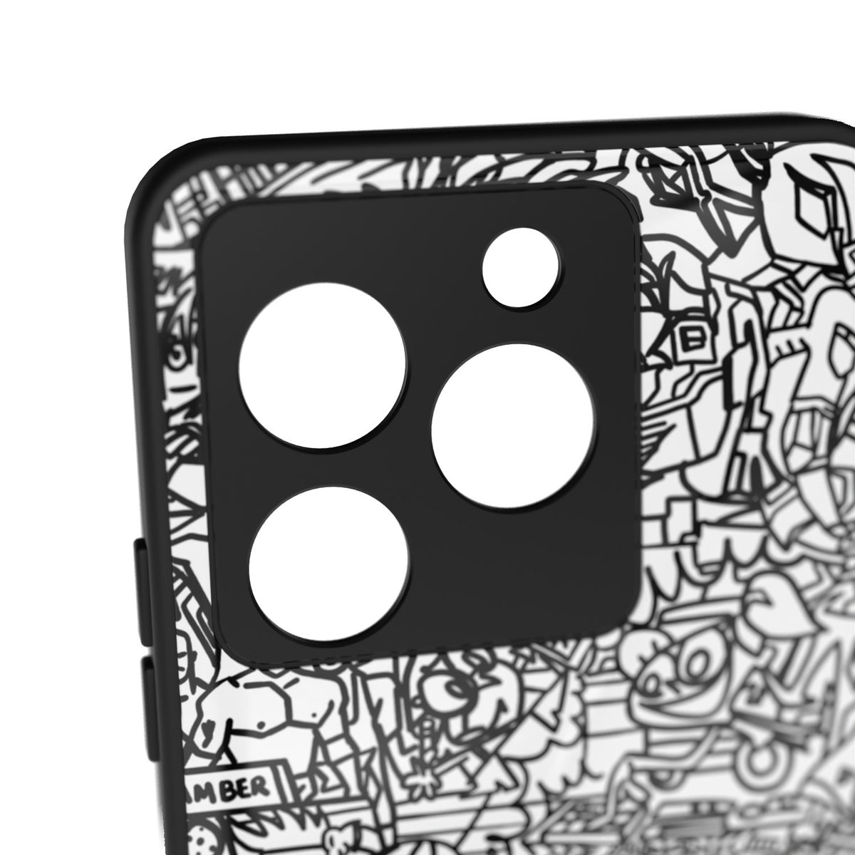 Classic Doodle printed metal phone case - camera close-up