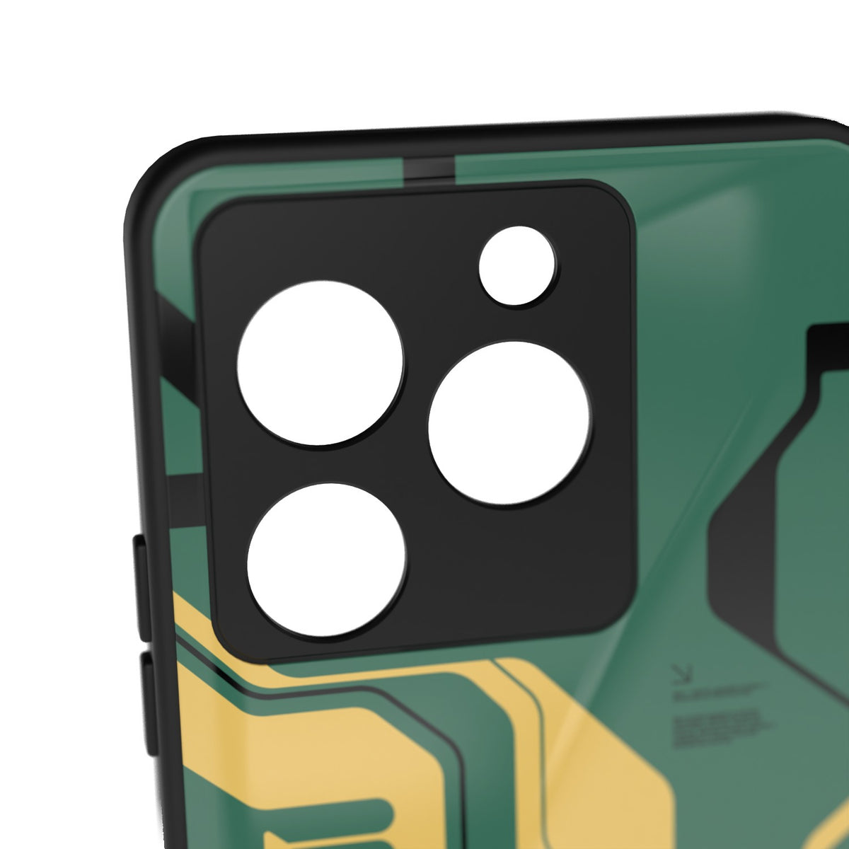 Curcuit Green printed metal phone case - camera close-up