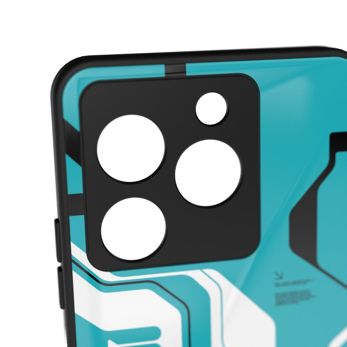 Cyber Blue printed metal phone case - camera close-up