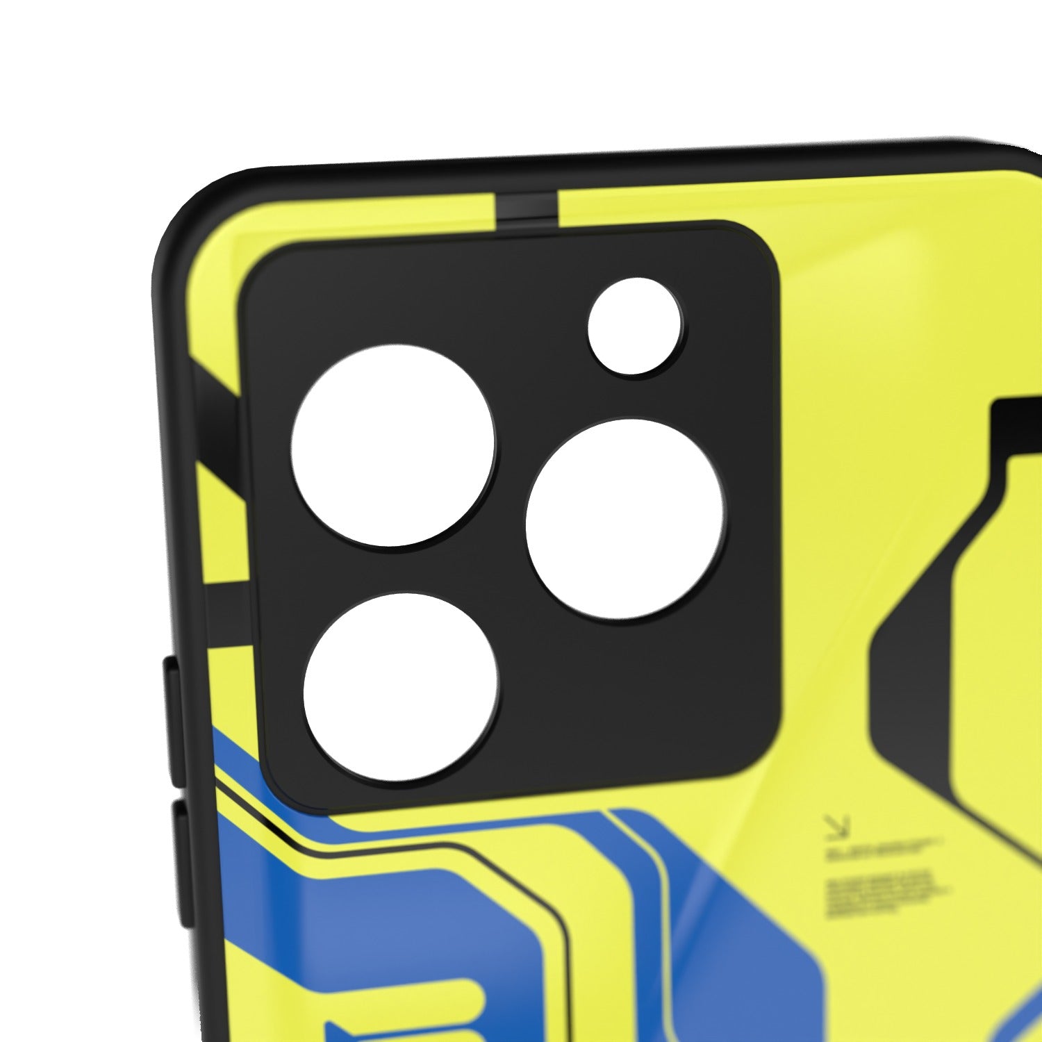 Cyber Yellow printed metal phone case - camera close-up