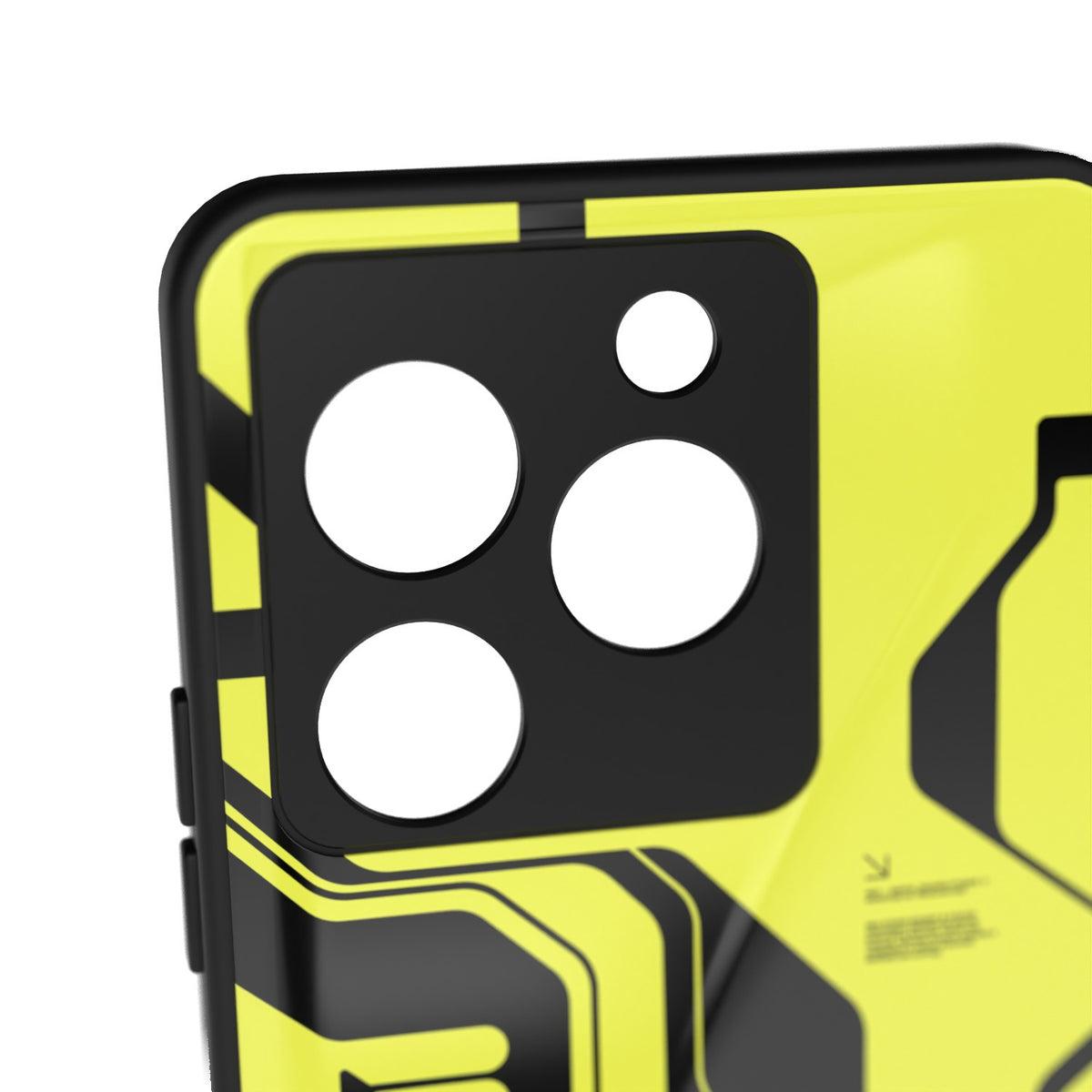 Cyber Yellow & Black printed metal phone case - camera close-up