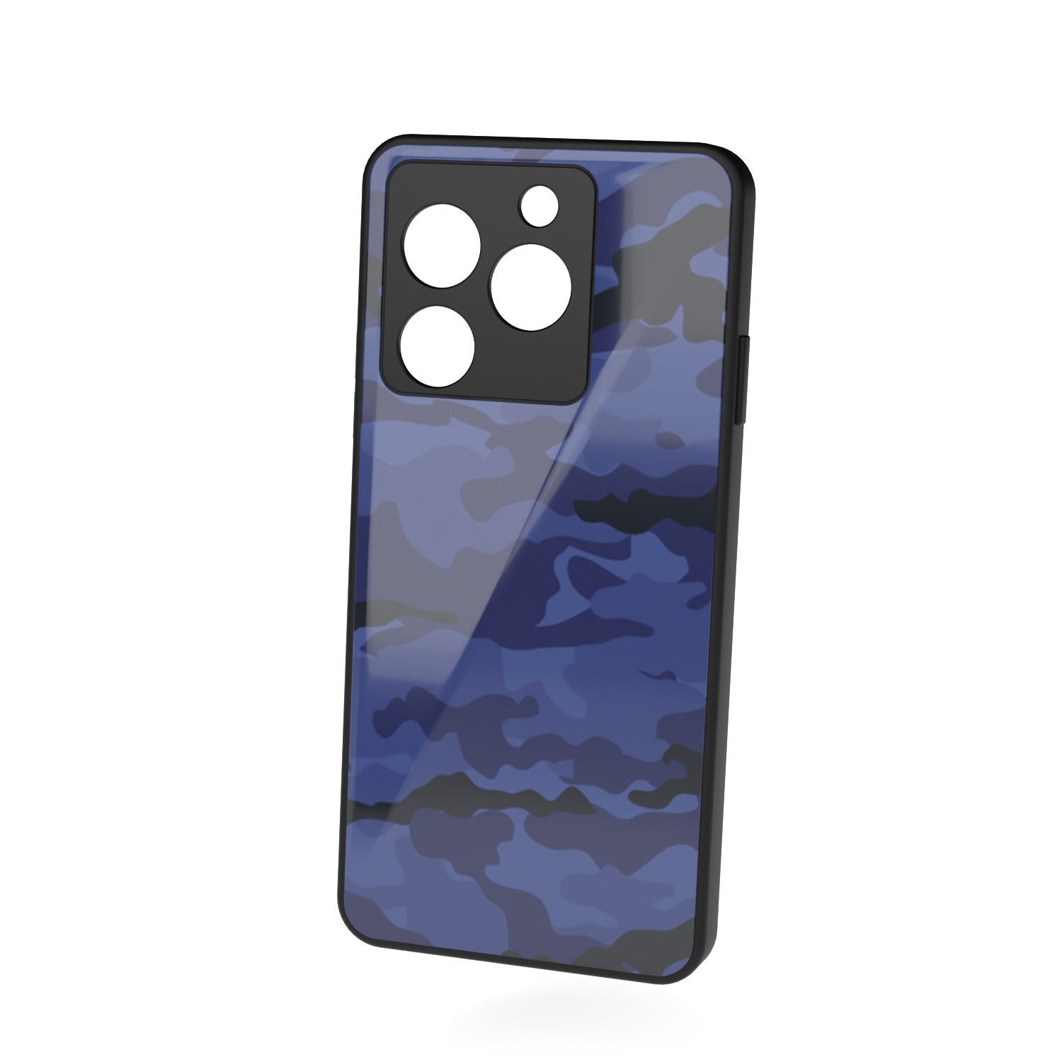 Dark Blue Camo printed metal phone case - floating back view