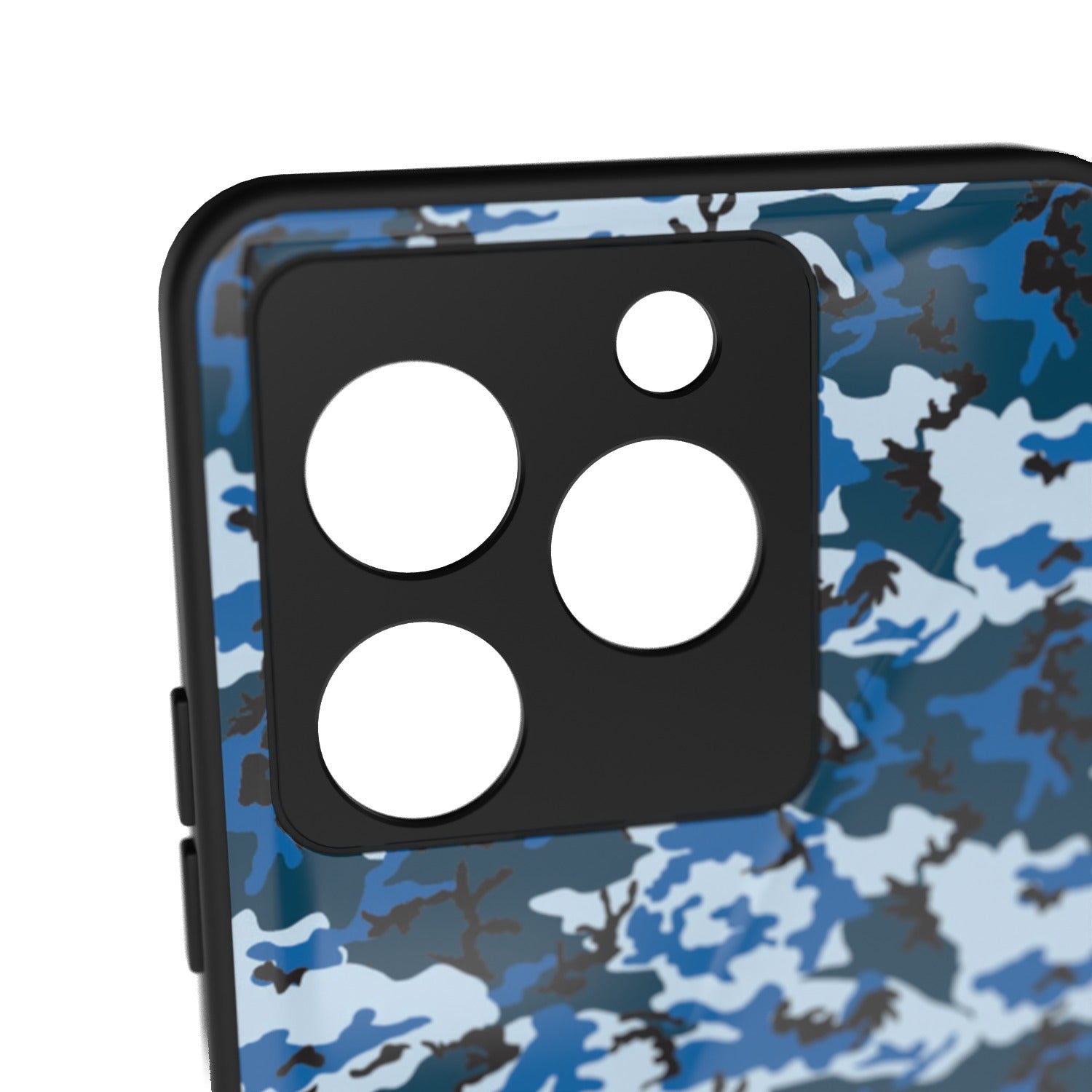 Digi Blue Camo printed metal phone case - camera close-up