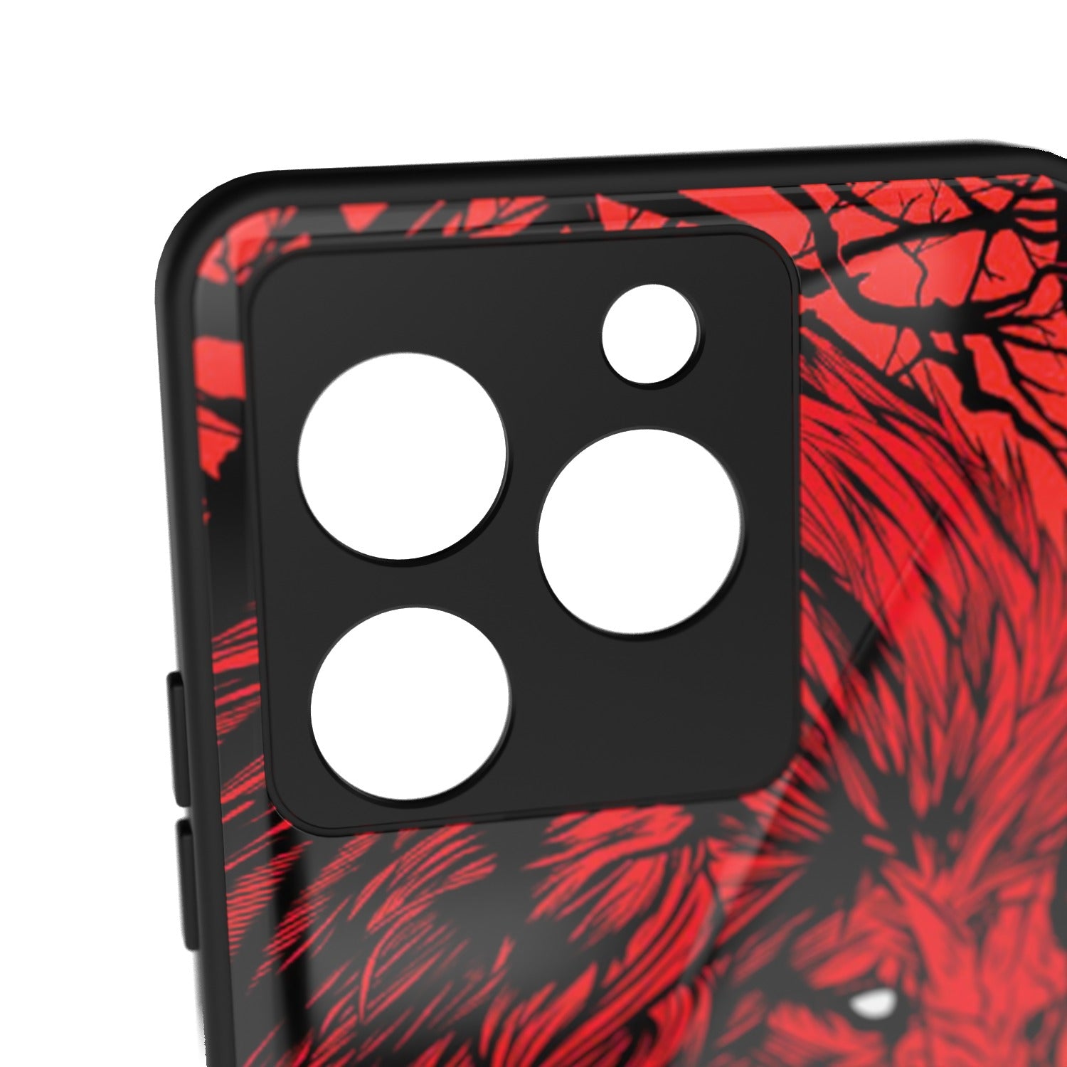 Fiery Lion printed metal phone case - camera close-up