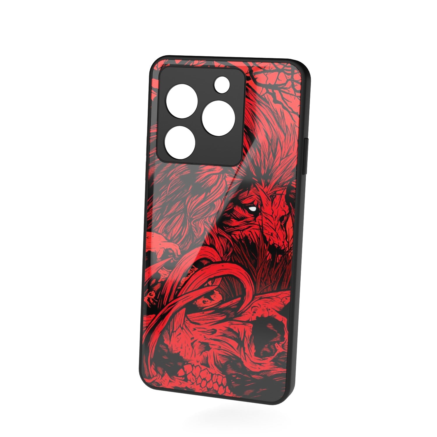 Fiery Lion printed metal phone case - floating back view