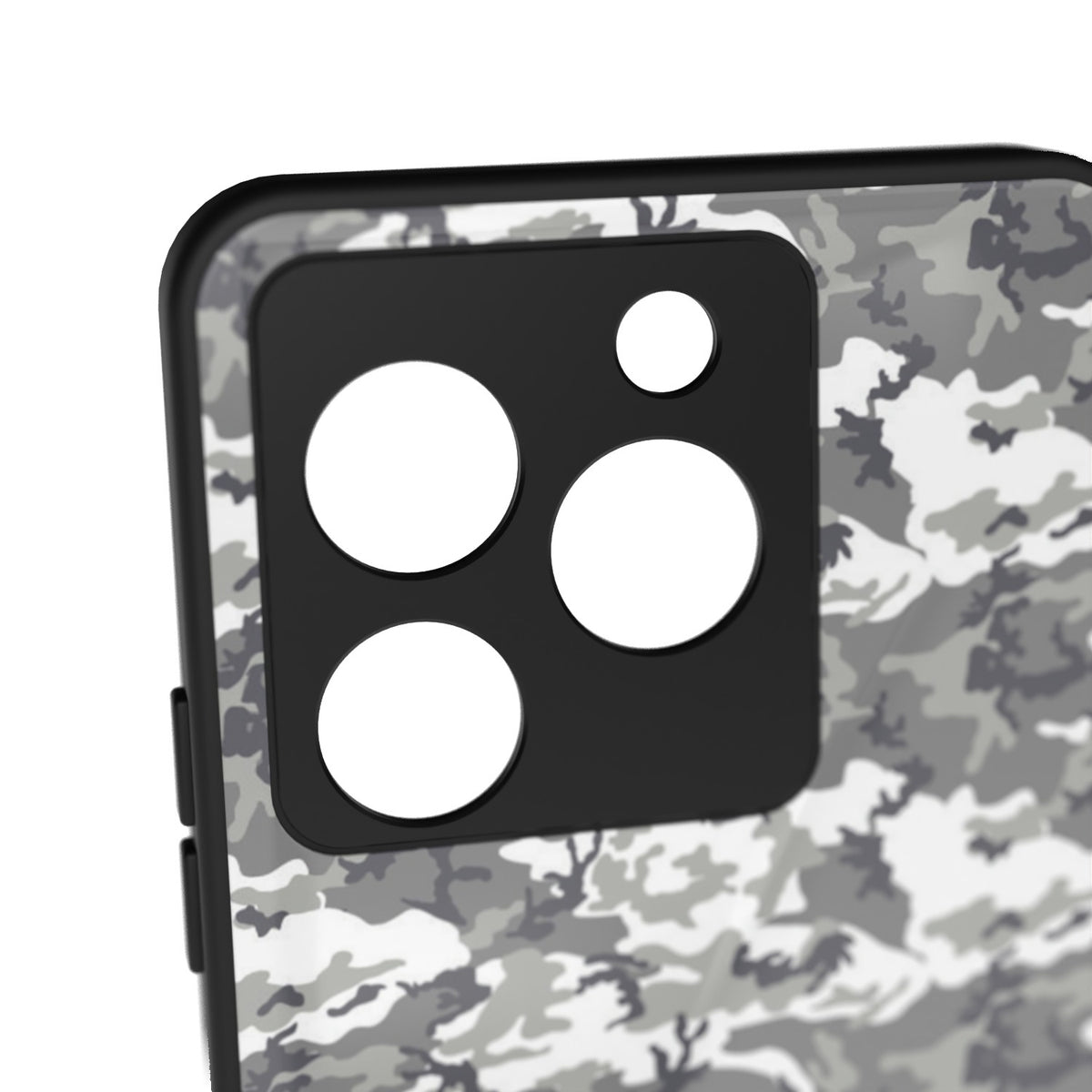 Ghost Camo printed metal phone case - camera close-up