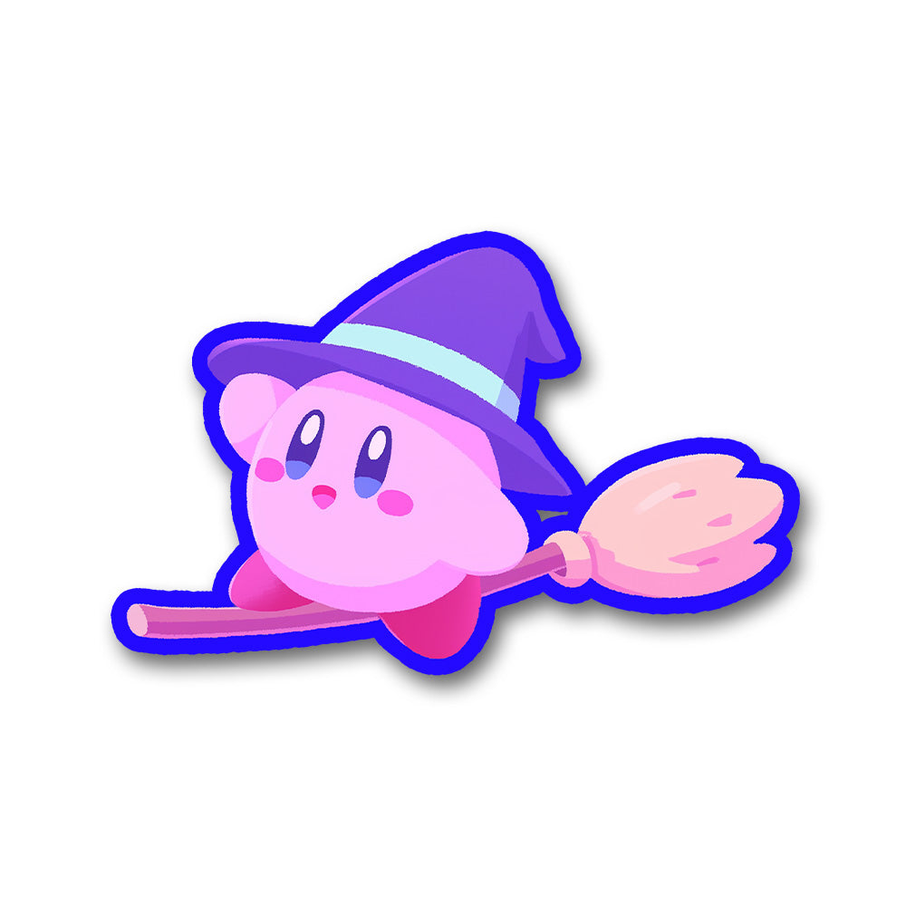 Kirby Witch Hat Flying Broom Kawaii Sticker