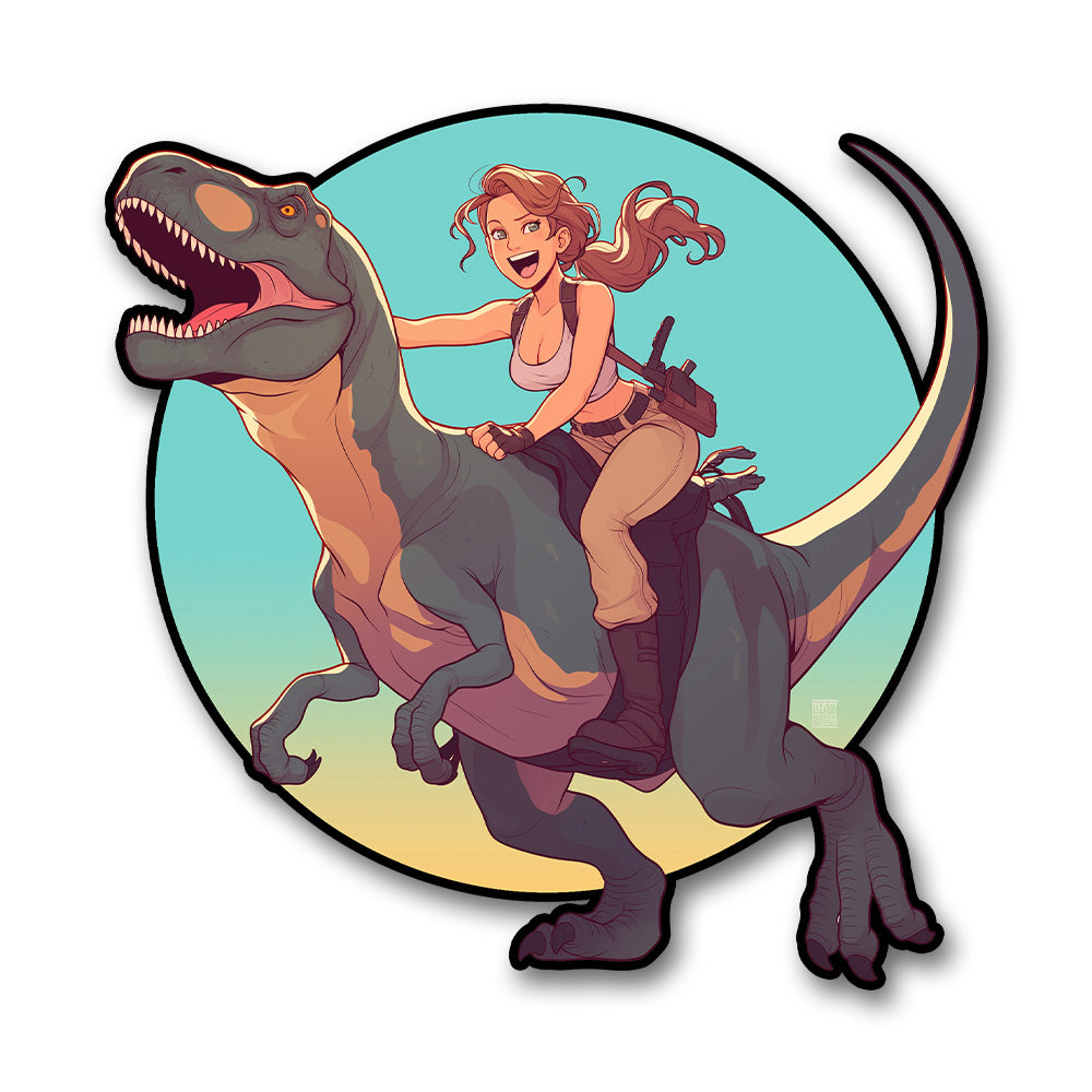 Lara Croft Riding Dinosaur Cartoon Sticker