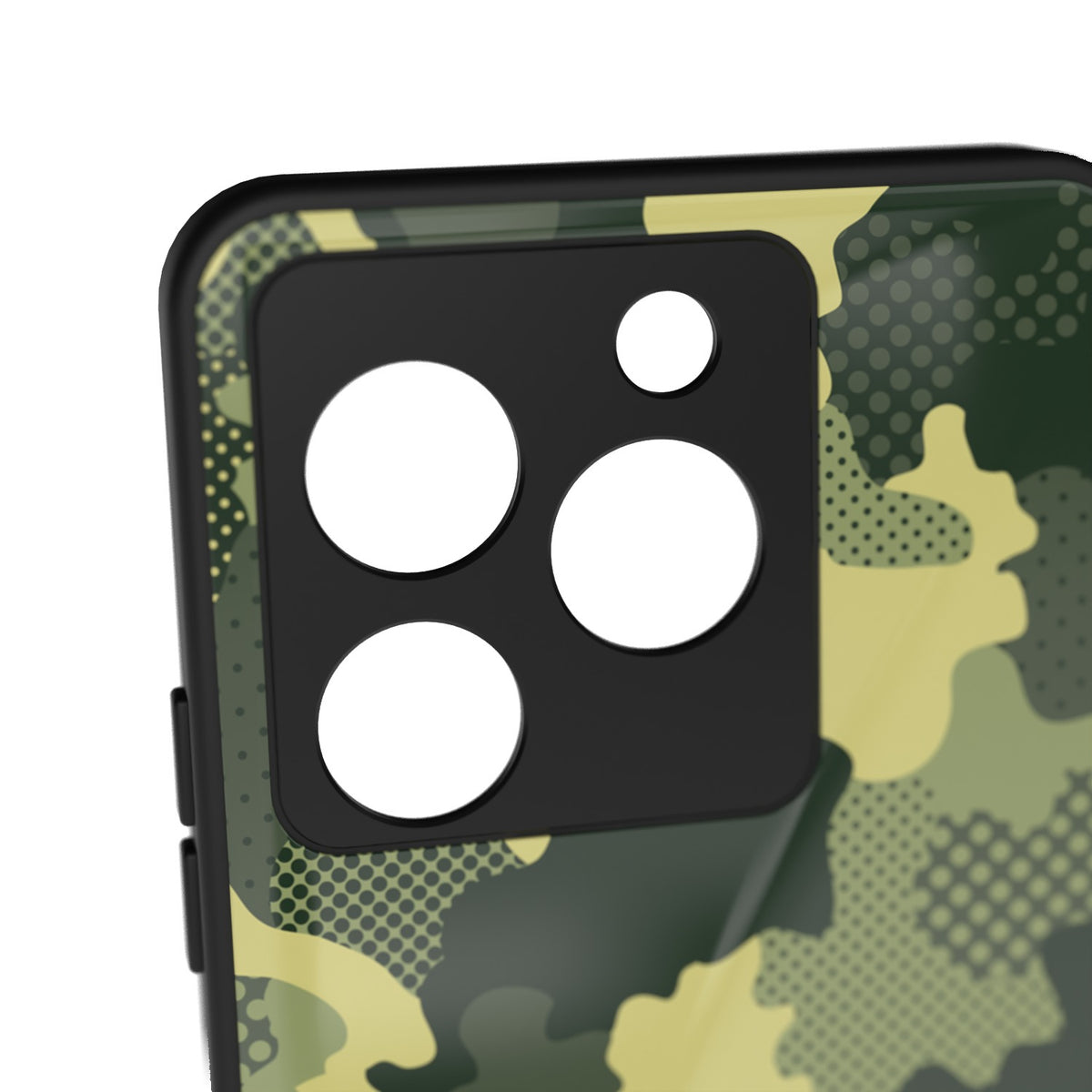 Military Green Camo printed metal phone case - camera close-up