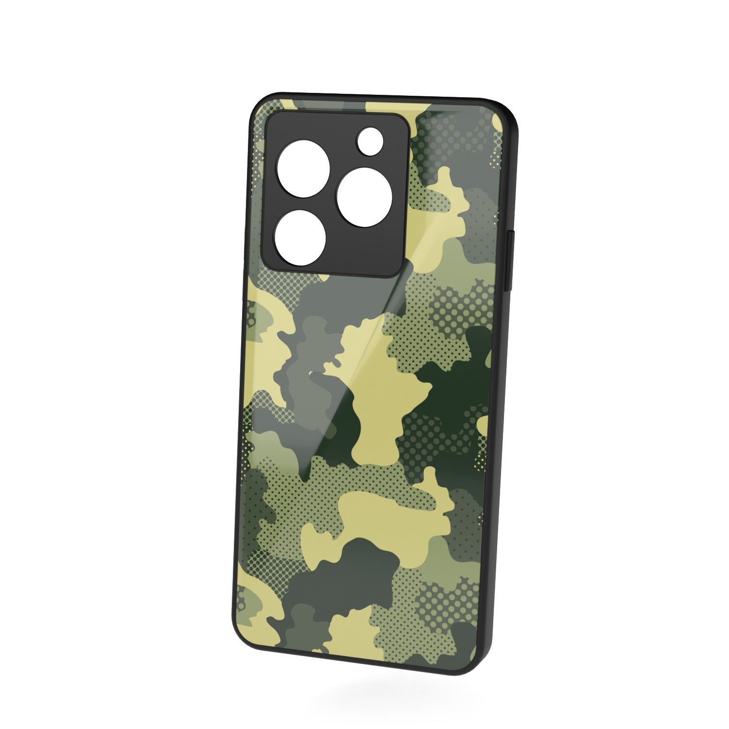 Military Green Camo printed metal phone case - floating back view