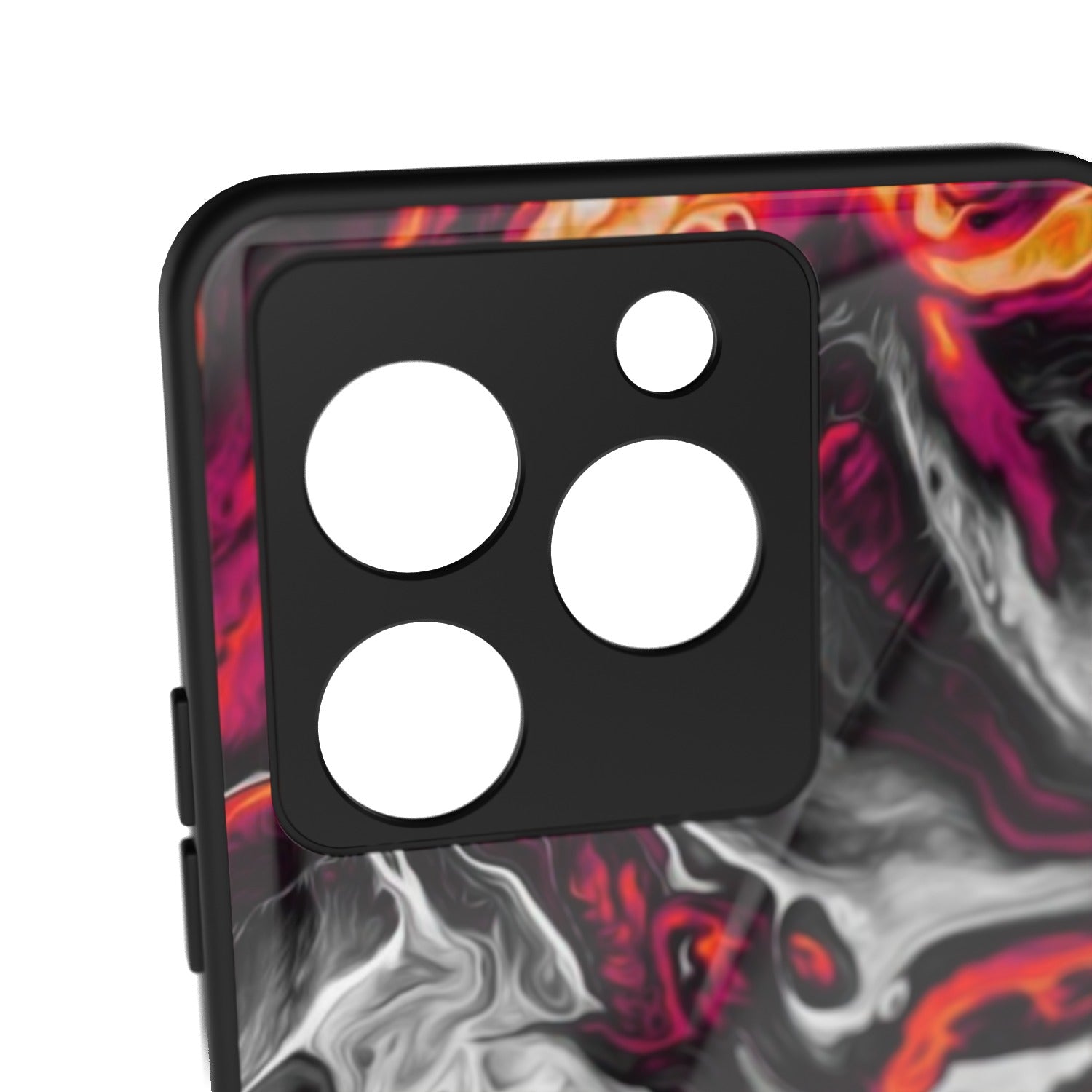 Red Hot Lava printed metal phone case - camera close-up