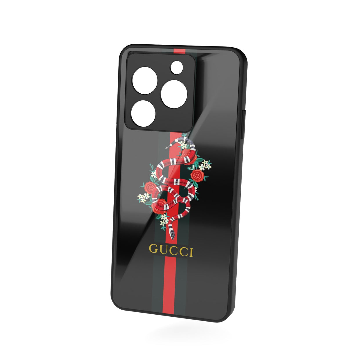 Serpent printed metal phone case - floating back view