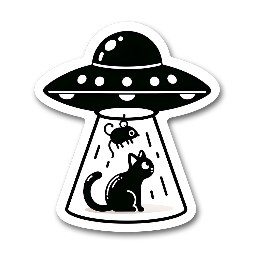 Ufo Abducting Cat Mouse Blackwhite Sticker