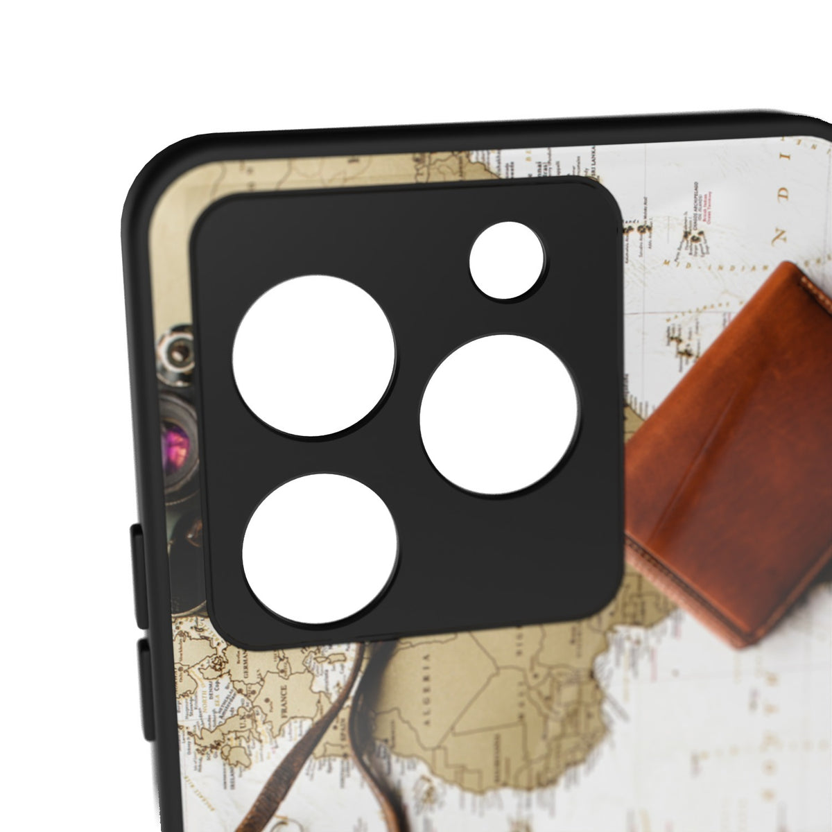 Wanderlust printed metal phone case - camera close-up