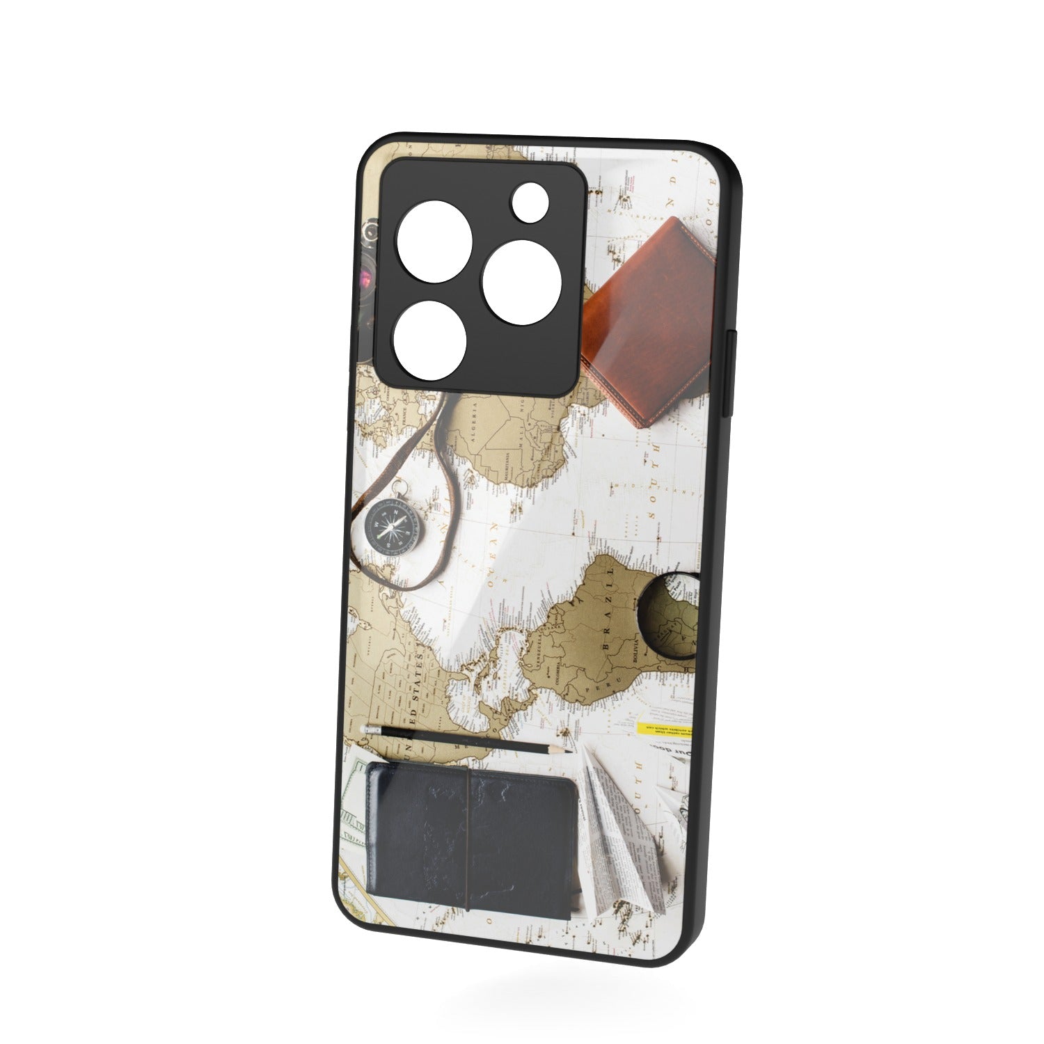 Wanderlust printed metal phone case - floating back view